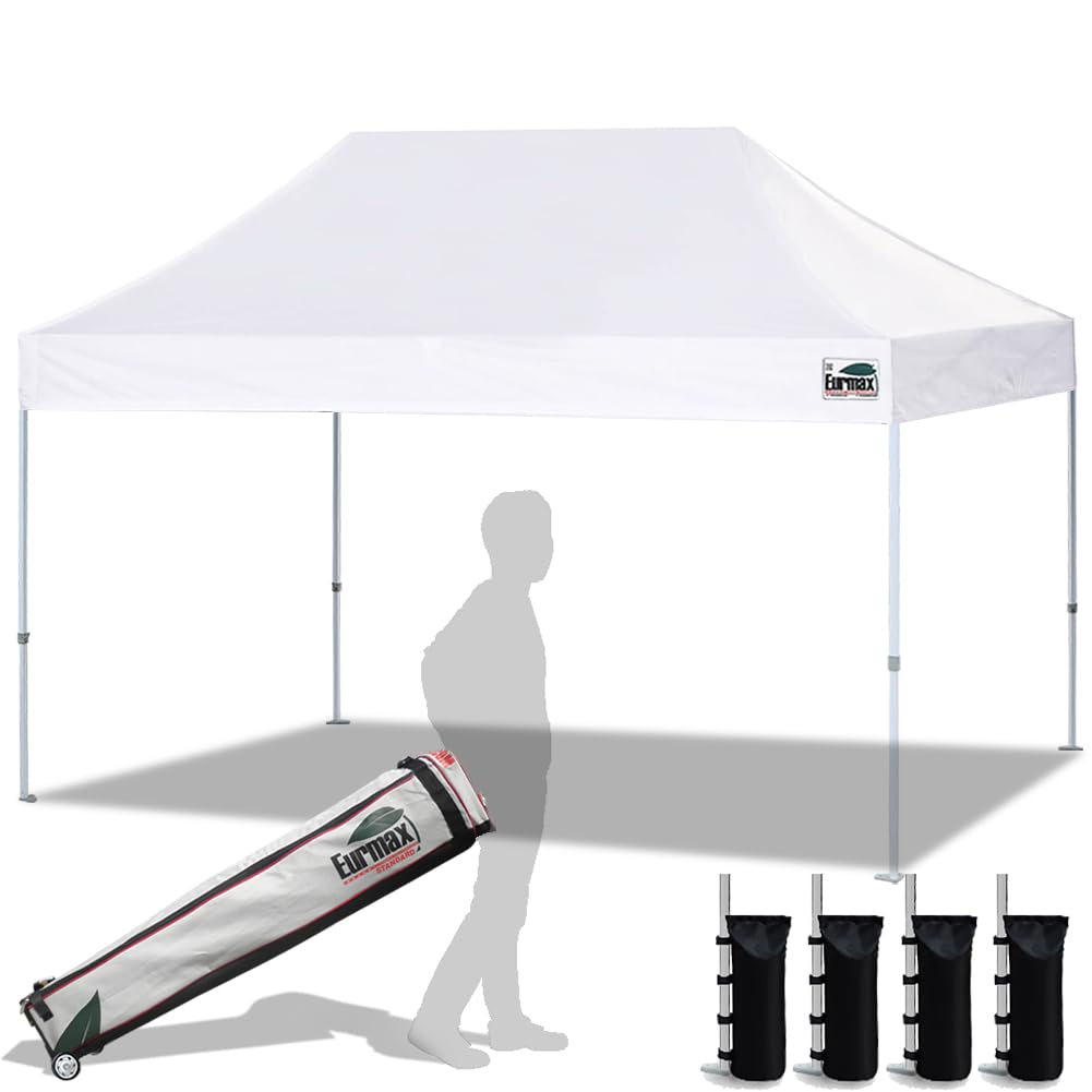 Eurmax USA 10x15 Foot Heavy Duty Pop Up Canopy Tent - Commercial Grade Instant Shelter with Roller Bag & 4 Sand Weight Bags (White) - Perfect for Outdoor Events, Farmers Markets, Beach Parties, and Trade Shows