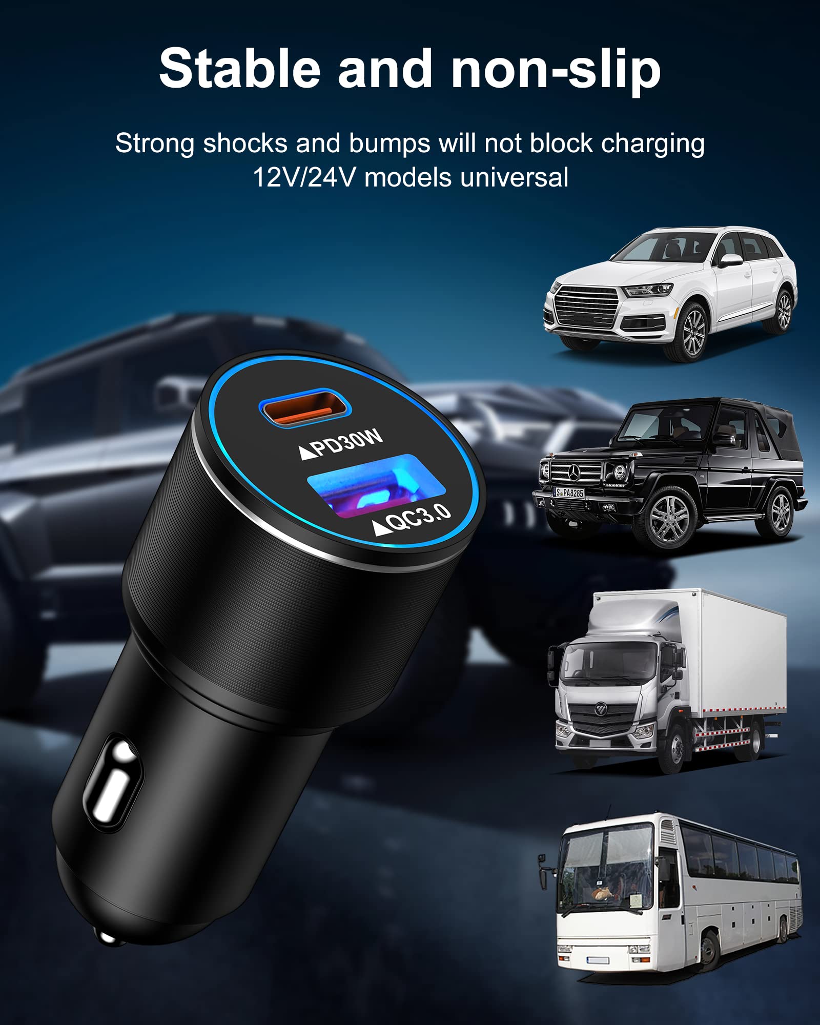 12V Dual Port USB C Car Charger - 30W & 18W Super Fast Charging Cigarette Lighter Adapter for iPhone, Samsung Galaxy, Google Pixel - Perfect for Road Trips & Long Drives