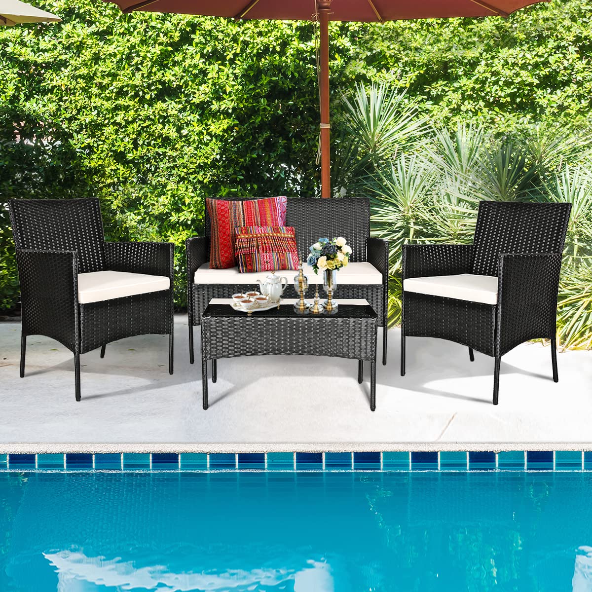 HAPPYGRILL 8-Piece Outdoor Patio Furniture Set - Rattan Wicker Conversation Sofa Set with Tempered Glass Table & Removable Cushions - Perfect for Poolside, Garden, Backyard, and Patio Relaxation