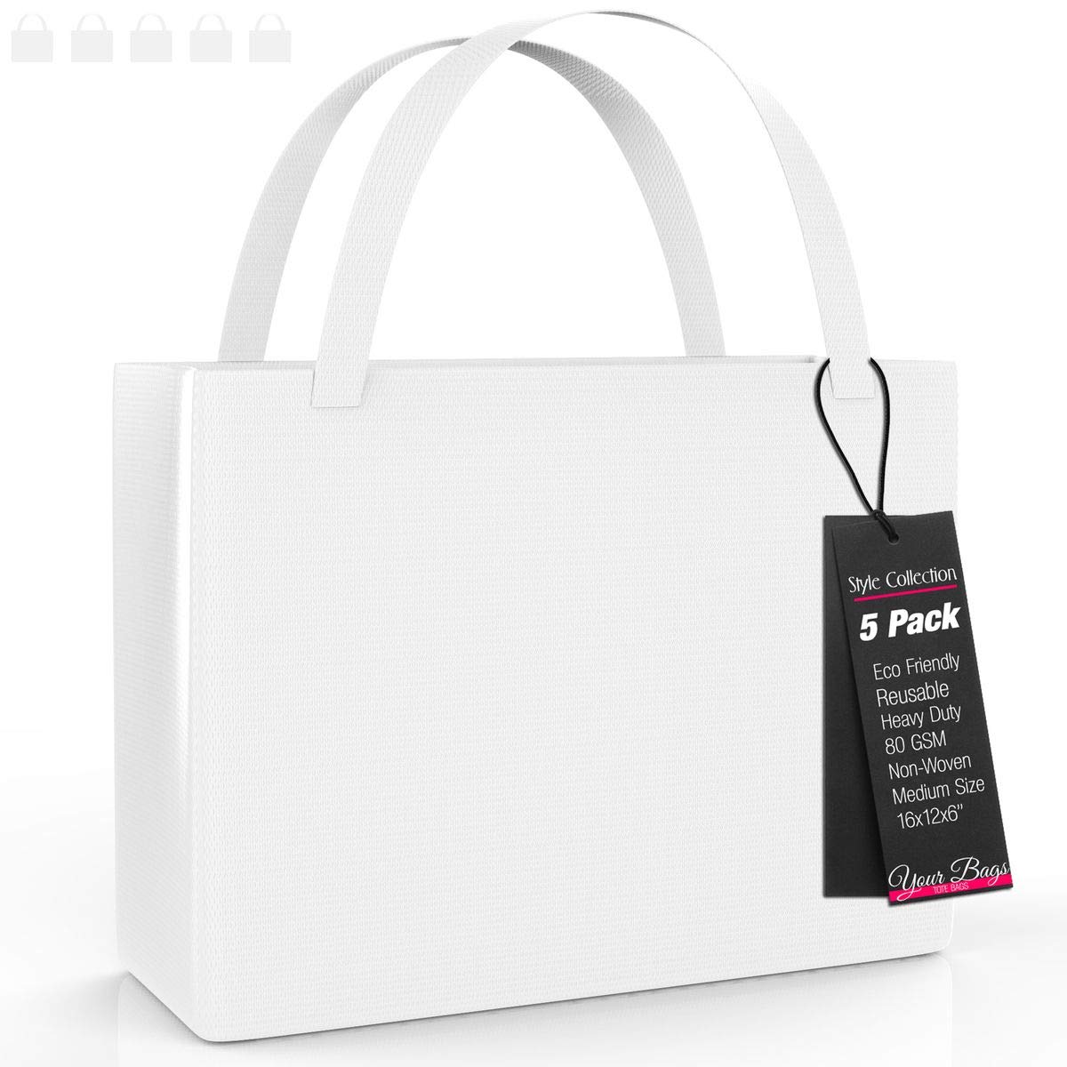 Eco-Friendly Reusable Tote Bags 5-Pack - White Medium Shopping Bags for Groceries, Shoes & Accessories - Lightweight Travel Totes (16x12x6 Inches) - Perfect for Grocery Shopping, Beach Trips & Daily Errands - by Your Bags