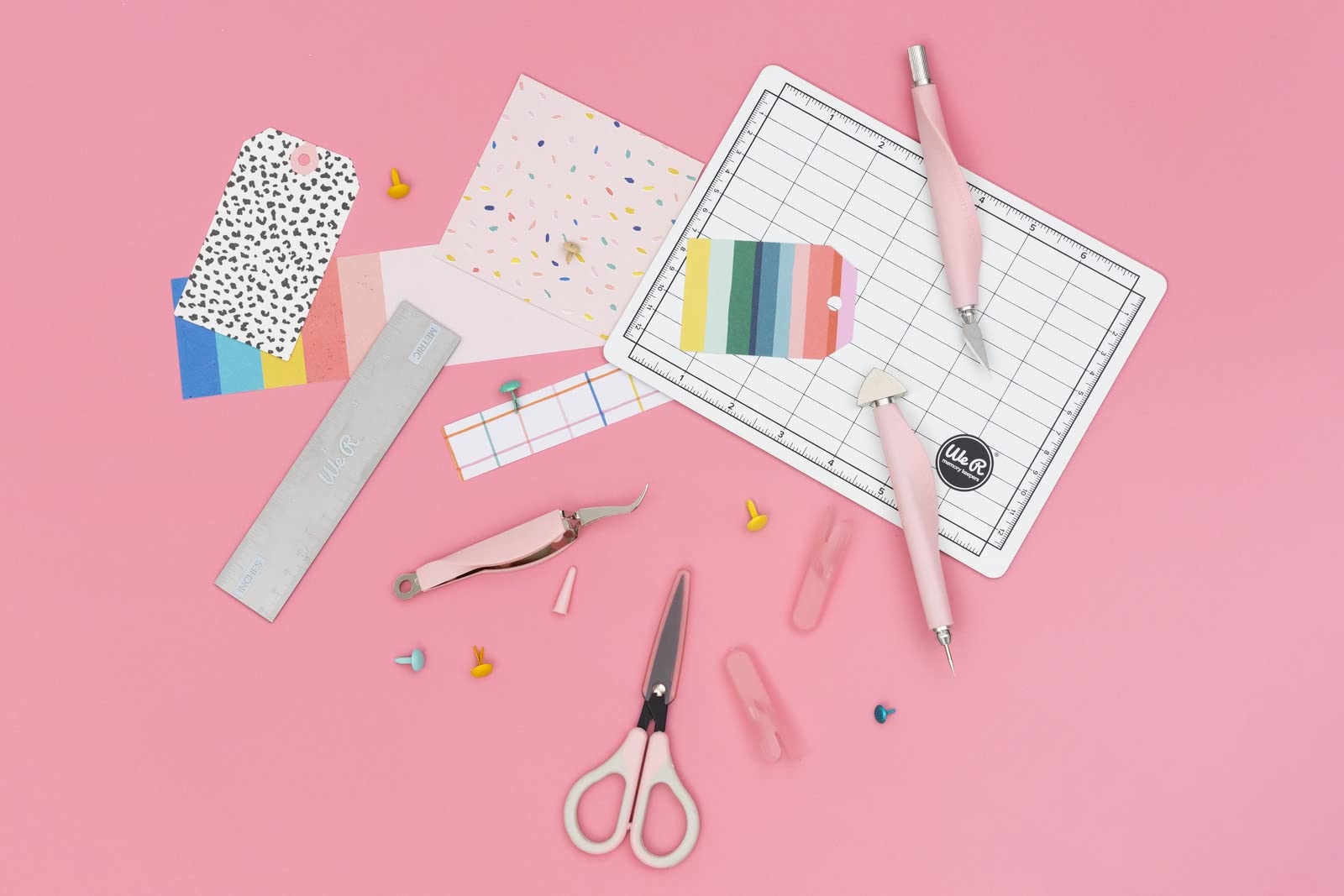 We R Memory Keepers Mini Tool Kit Pink - Includes Cutting Mat, Ruler, Scissors, Craft Knife, Tweezers, Brad Setter & Piercing Tool | Perfect for DIY Crafts, Scrapbooking, Journaling, Card Making & Home Decor Projects