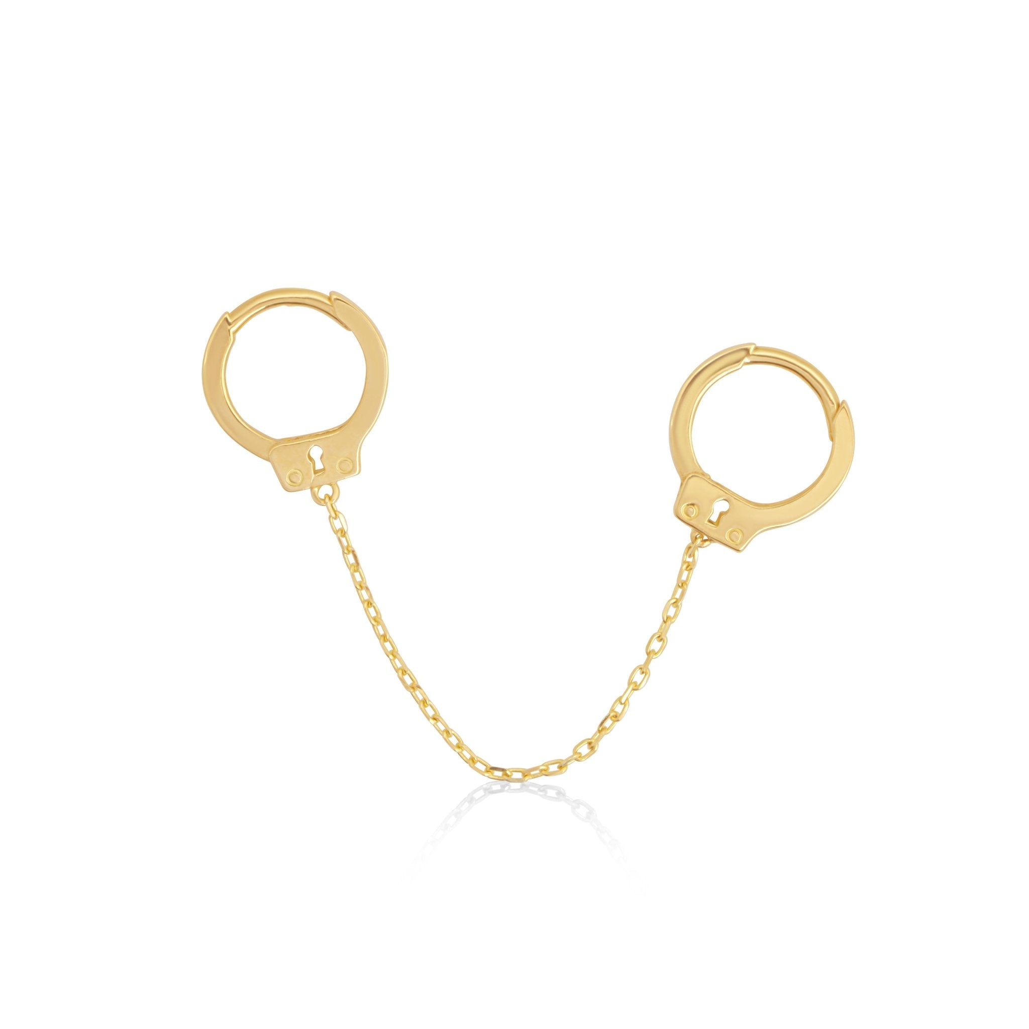 14k Solid Yellow Gold Handcuff Double Hoop Earrings with Chain - Trendy Statement Jewelry for Women, Perfect for Parties, Date Nights & Everyday Wear