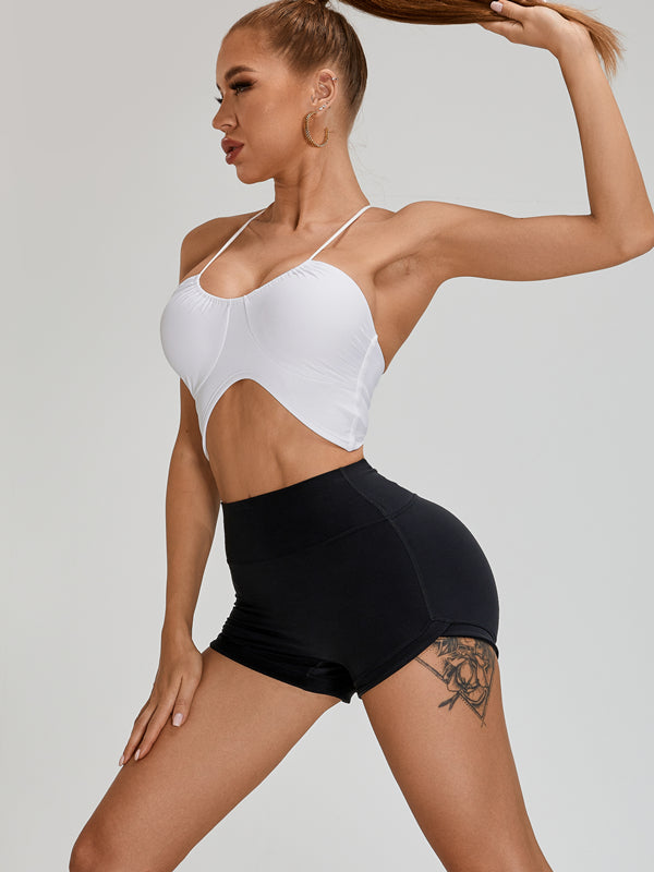 ZASUWA Women's Scrunch Bum Halter Folds Pleated Backless Short Tracksuit - Sexy Gym Outfit for Yoga, Running & Workout