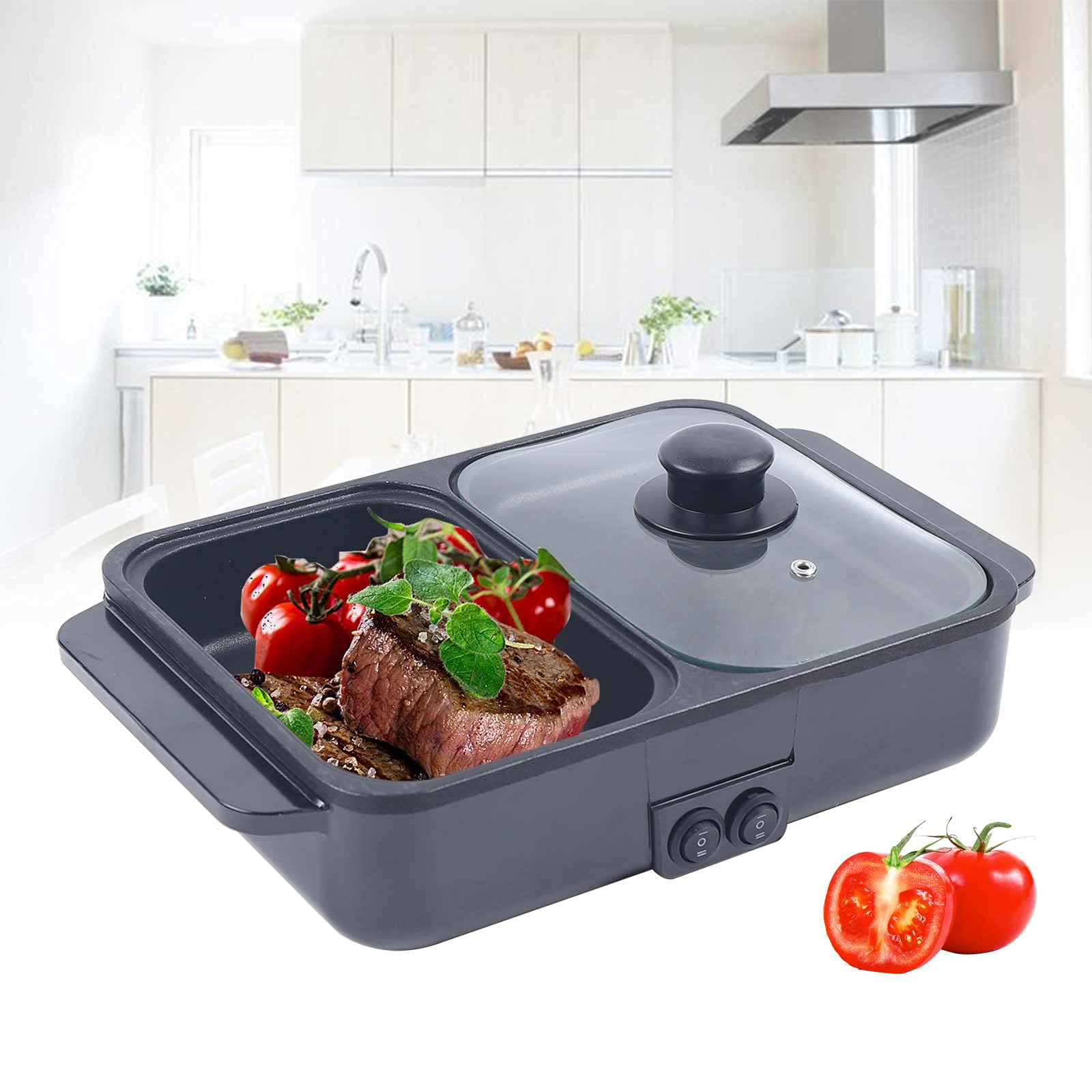 2-in-1 Electric Hot Pot & Grill - Portable Non-Stick Shabu Shabu Pot with Dual Temperature Control for BBQ, Noodles, and Fasting | Perfect for Camping, Dorm Cooking, and Family Gatherings