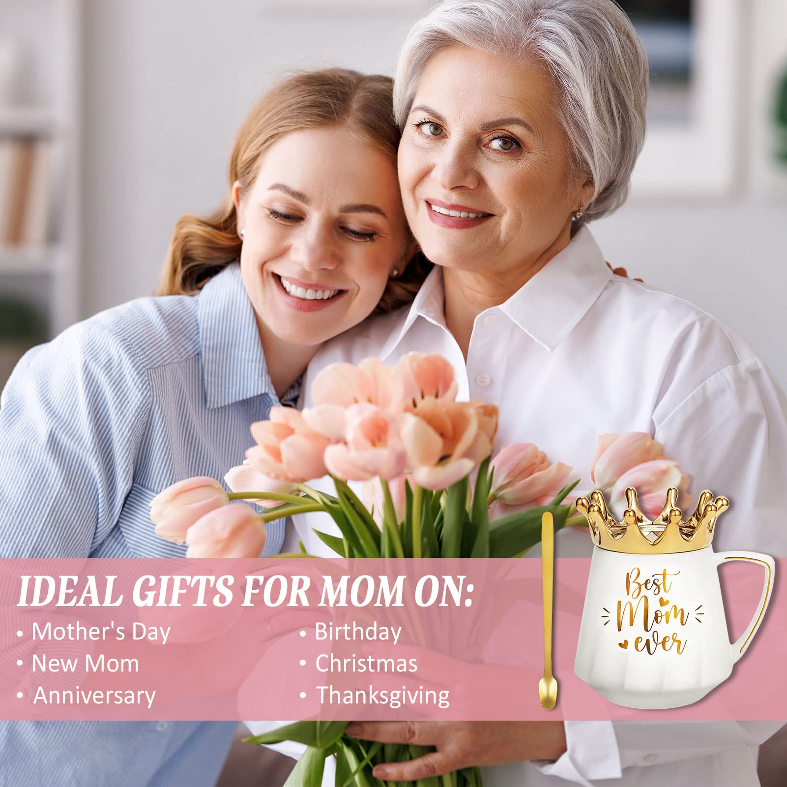 Best Mom Ever Ceramic Coffee Mug 12Oz with Crown Lid - Perfect Mothers Day Gift for Mom, Daughter, Son, Wife & Mother-in-Law - Ideal for Birthday, New Mom & Everyday Coffee Moments