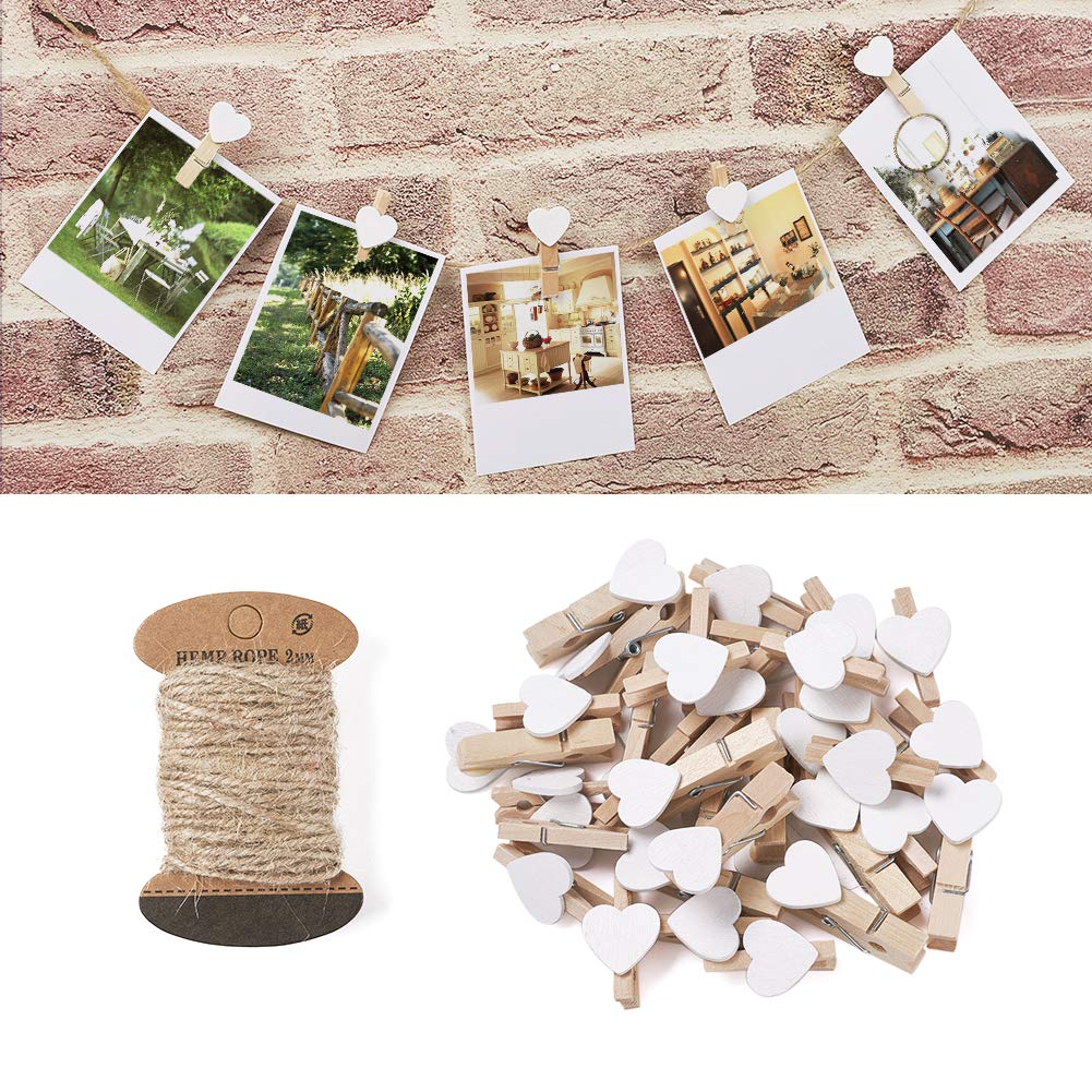 White Heart Wooden Clothespins - 100pcs with Jute Twine for Photo Display & Party Decor