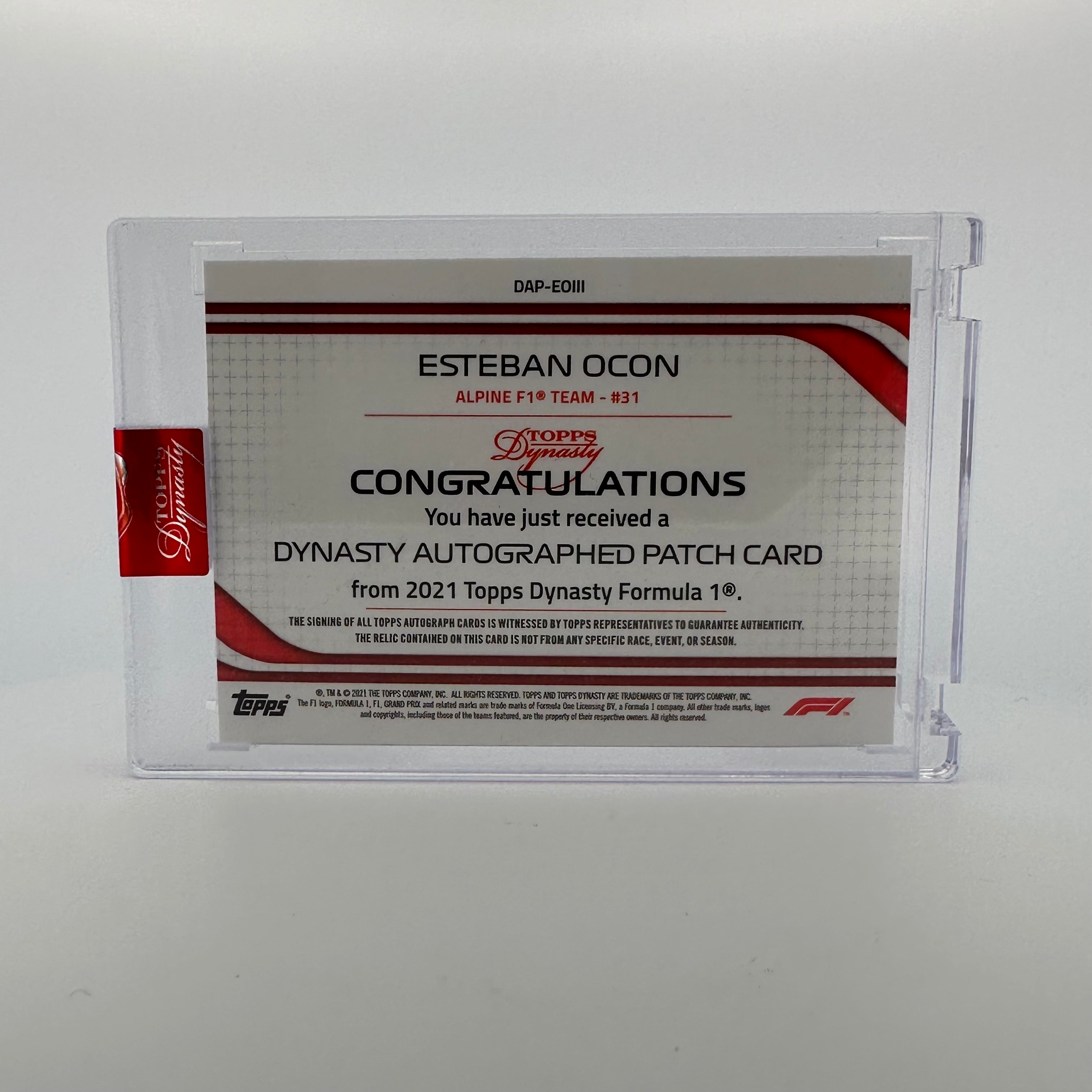 2021 Dynasty Esteban Ocon #DAP EOIII 1/5 Red Autograph Patch - Perfect for F1 Collectors, Racing Memorabilia Displays & Motorsport Fan Gifts