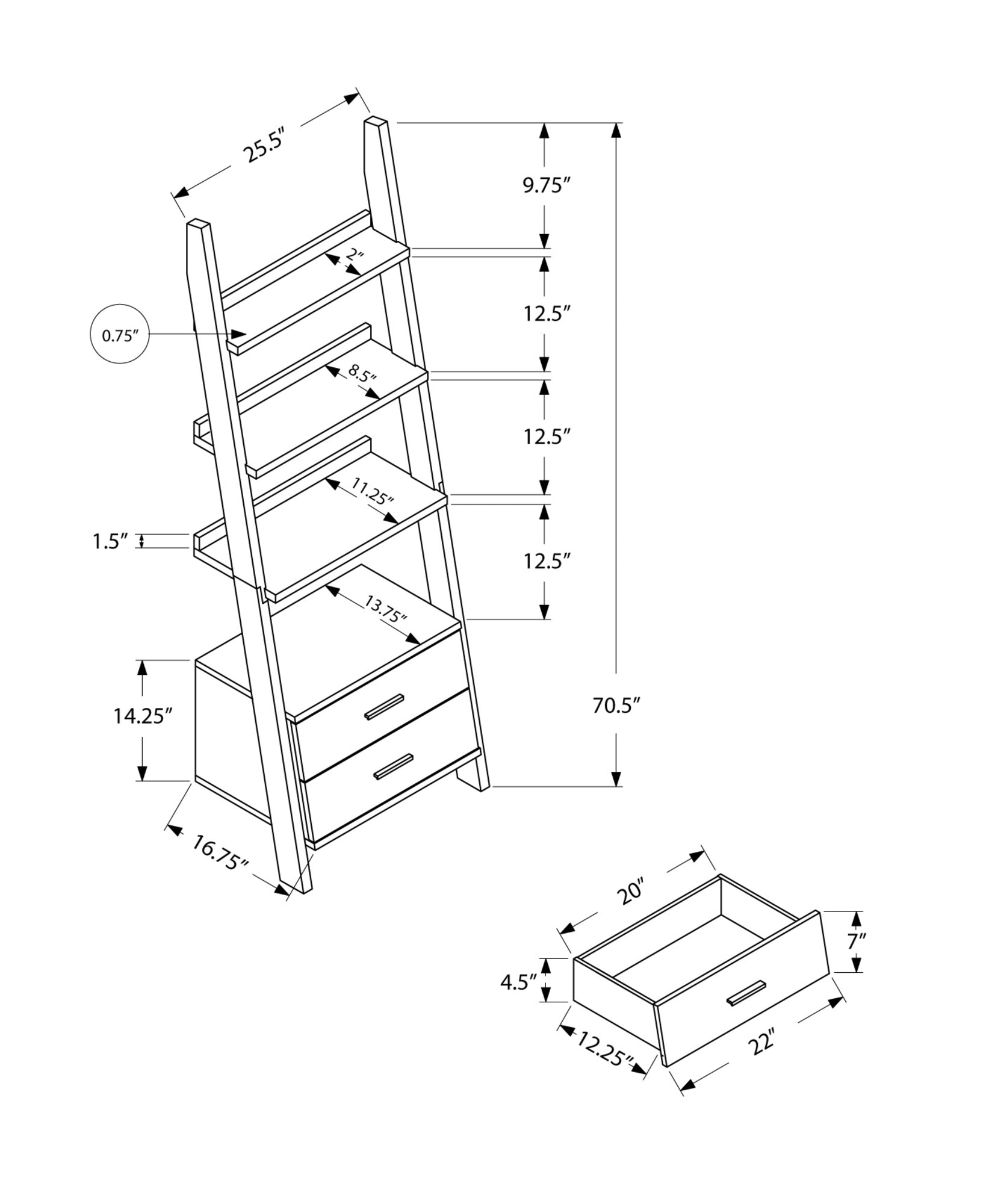 Modern 69-Inch Tall Grey & White Ladder Bookcase with 2 Storage Drawers - Space-Saving Bookshelf for Living Room, Bedroom or Home Office