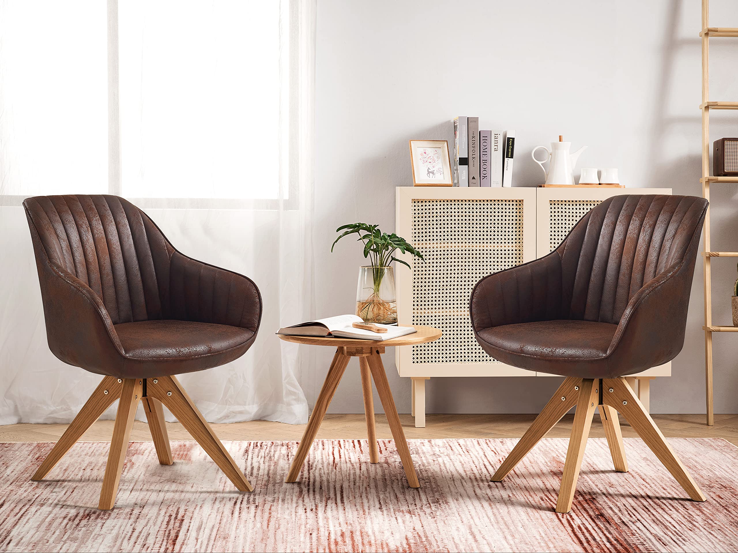 Art Leon Set of 2 Mid Century Modern Dining Chairs - Swivel Upholstered Suede Chairs with Wooden Legs for Dining Room & Living Room - Comfortable Armchairs in Mocha Brown - Perfect for Entertaining Guests or Relaxing in Style