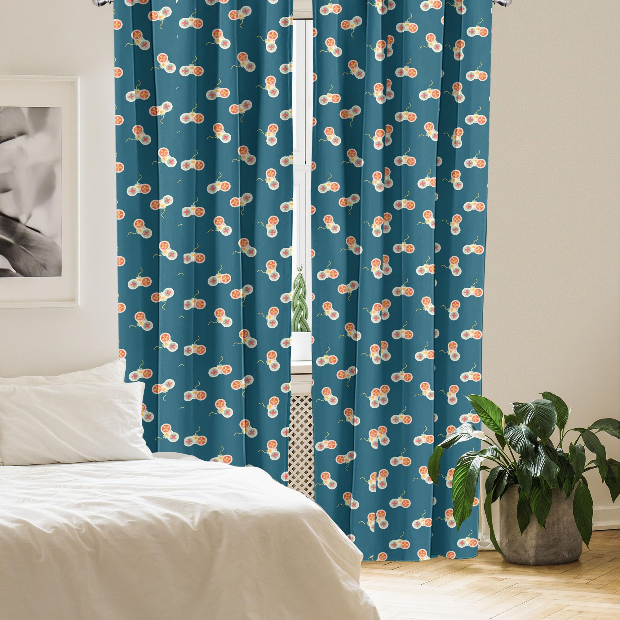 Ambesonne Gaming Window Curtains - Retro Video Game Console Design | Lightweight Blackout Curtains for Bedroom & Game Room | 2-Panel Set with Rod Pocket (28x63 inches, Petrol Blue) - Perfect for Gamers & Retro Decor Enthusiasts