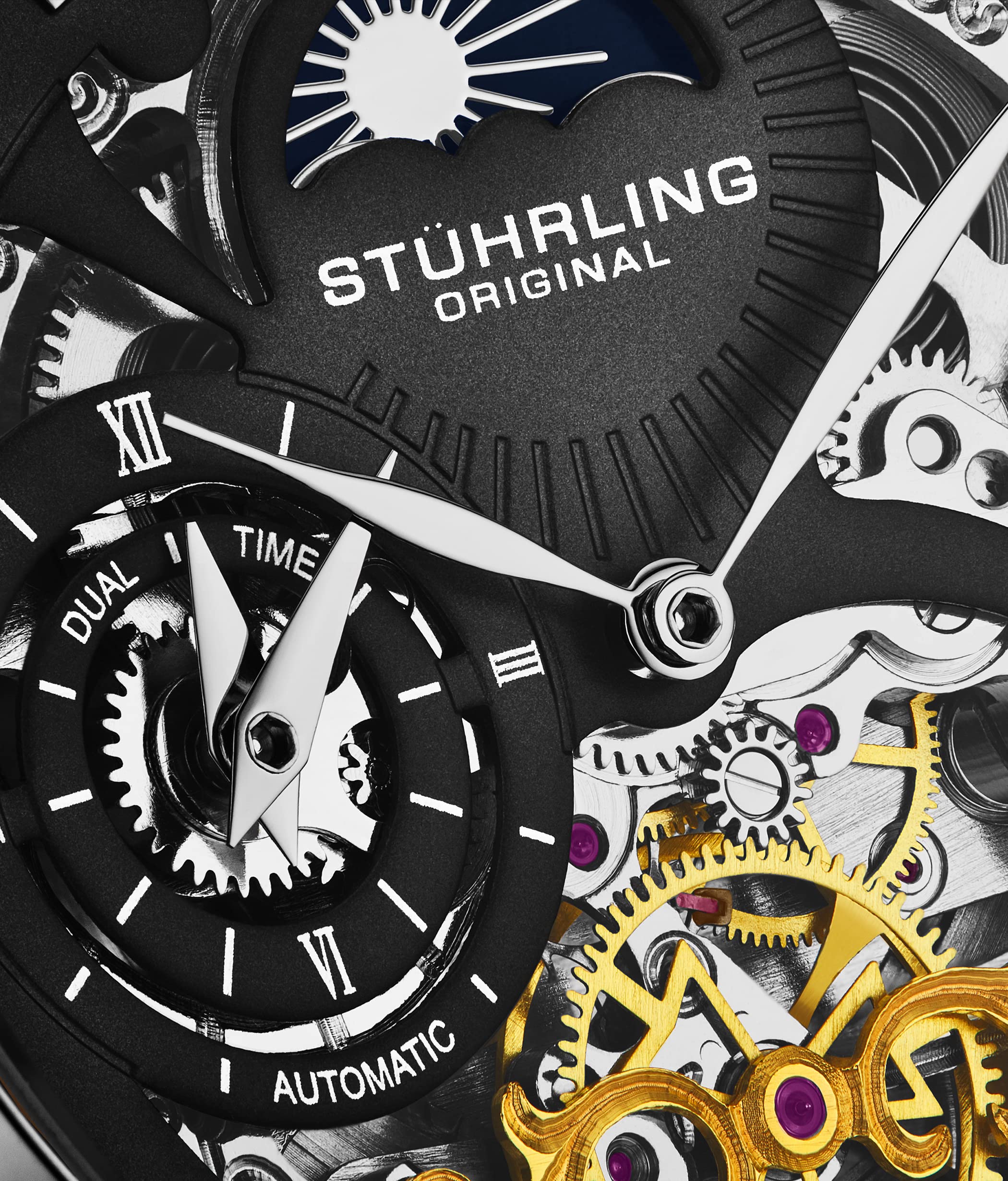Stuhrling Original Men's Automatic Skeleton Watch with Dual Time, AM/PM Sun Moon Display & Genuine Leather Band - Luxury Dress Watch for Business, Formal Occasions & Everyday Wear