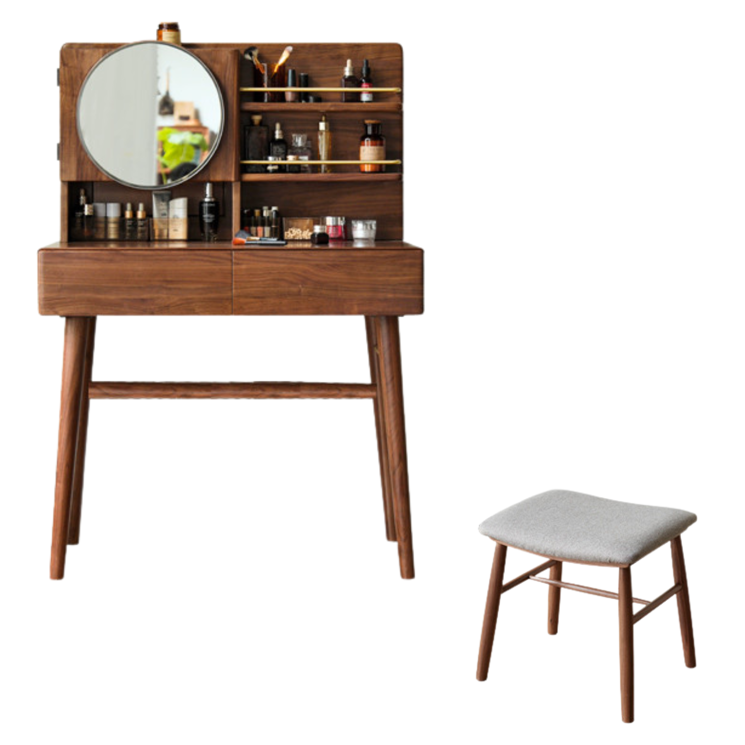 Black Walnut Solid Wood Moon Makeup Mirror Vanity Dressing Table - Elegant Bedroom & Bathroom Decor for Women