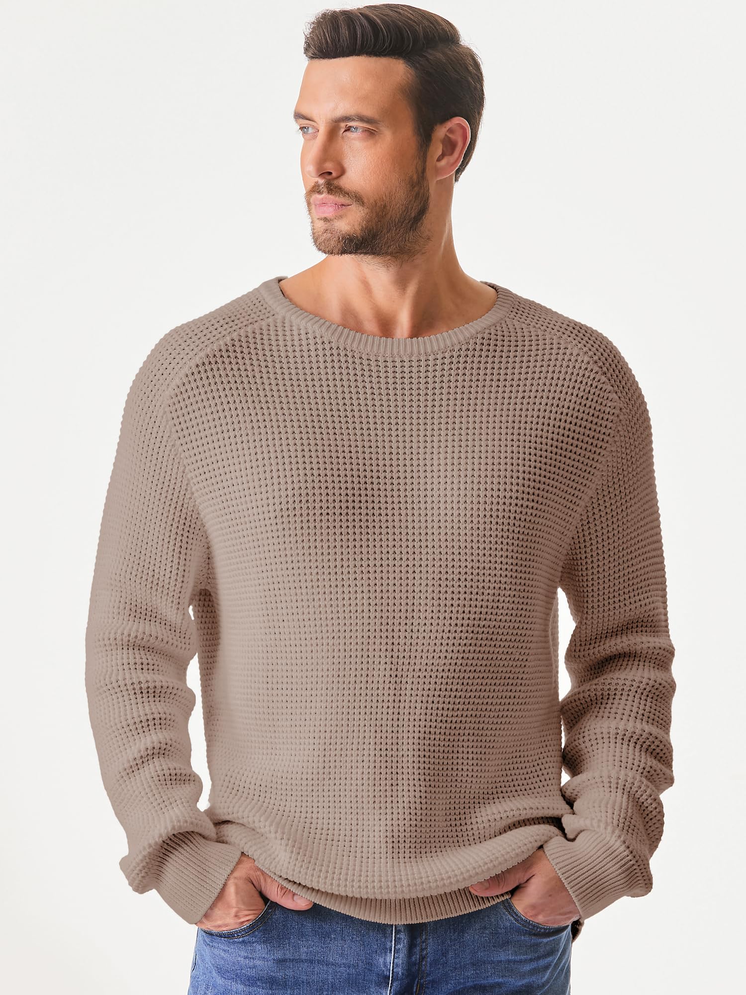 JMIERR Men's Waffle Knit Crewneck Sweater - Textured Pullover with Ribbed Edges | Casual Loose Fit Winter Sweater for Men | Perfect for Office, Date Night & Weekend Outings
