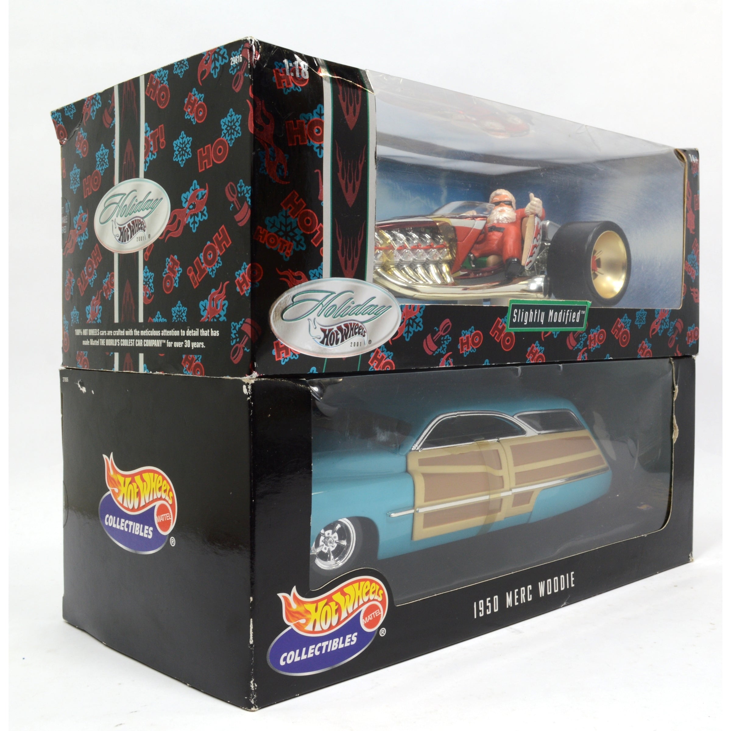Lot of 2 Hot Wheels Diecast Cars 1:18 Scale - Santa Slightly Modified & Mercedes Woodie - Collectible Toy Cars for Display, Gifts, and Racing Fun