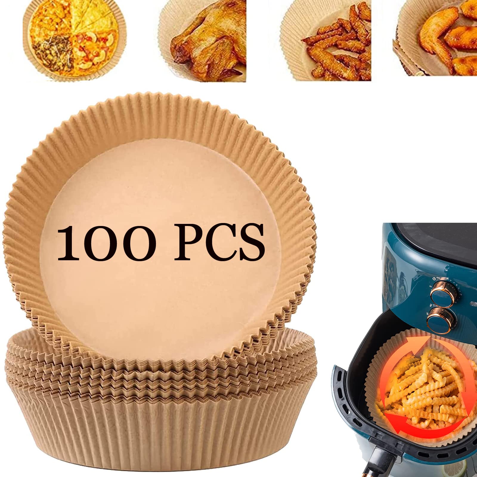 LXUNYI 100-Pack Air Fryer Parchment Paper Liners - Natural Non-Stick Disposable Cooking Sheets for Baking, Roasting & Microwaving - Perfect for Philips, Ninja, Cosori & More Air Fryers (100 Count) - Ideal for Quick Meals, Healthy Snacks & Family Dinners