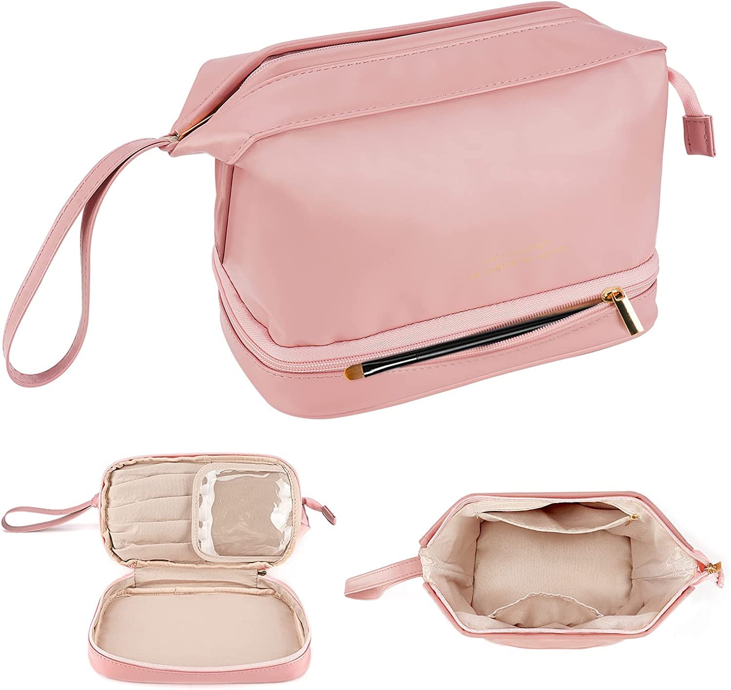 Luteti Double Layer Leather Cosmetic Bag - Waterproof Travel Makeup Organizer for Women & Girls | High-End Toiletry Bag for Home, Office & Vacation