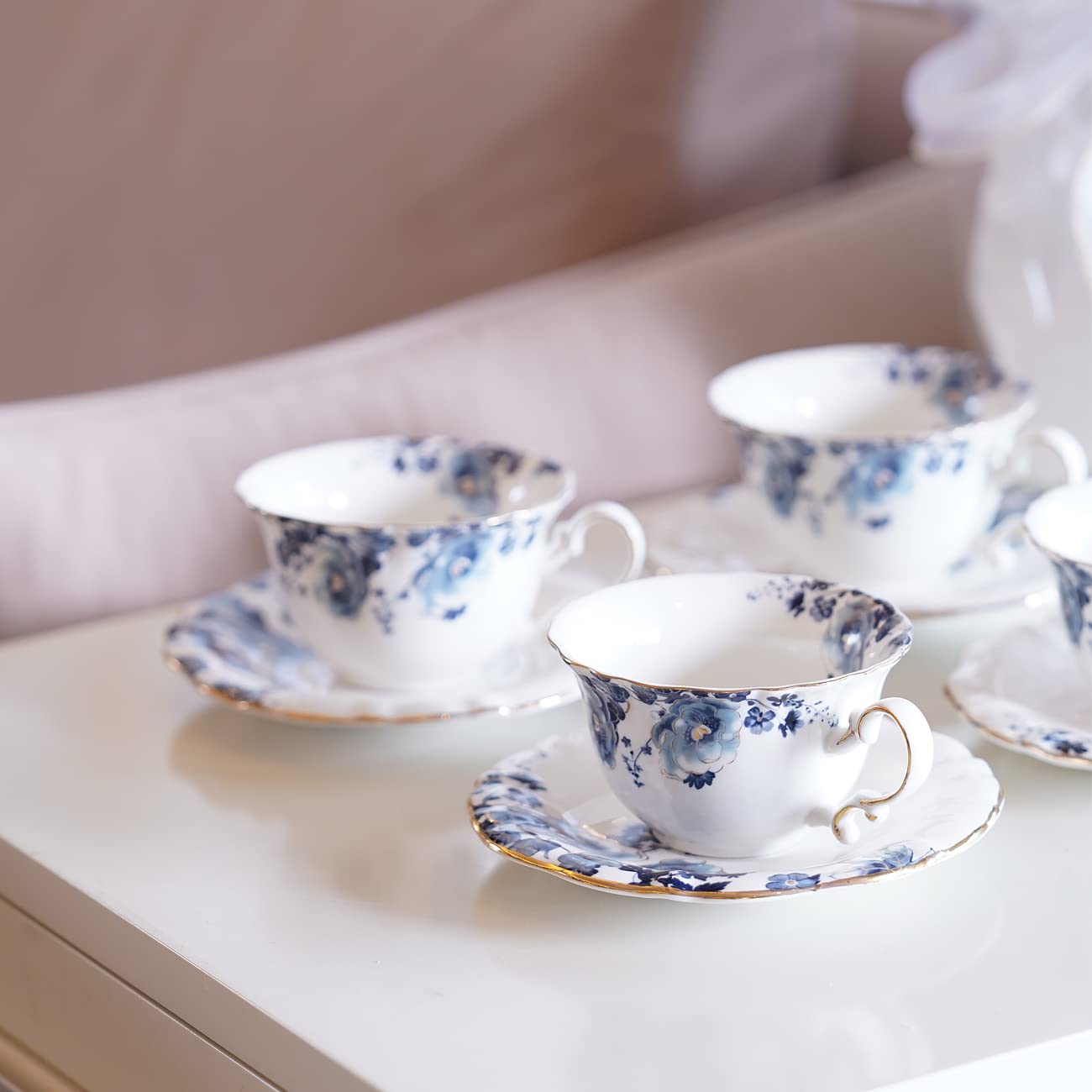 Premium Jomop Ceramic Tea & Coffee Cups with Saucers Set of 4 - Blue & White Porcelain for Afternoon Tea, Office Use & Gift Giving