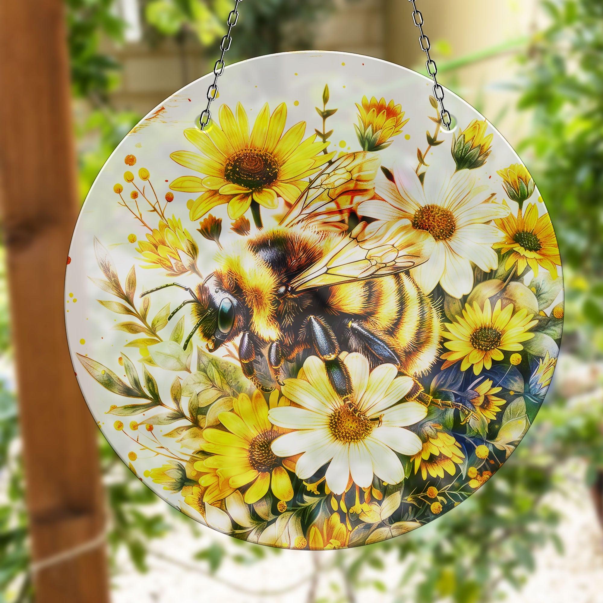 Bee & Daisies Stained Glass Suncatcher - Handmade Window Decor for Home, Office, Garden - Perfect for Gifts, Wedding Decorations & Boho Style Rooms