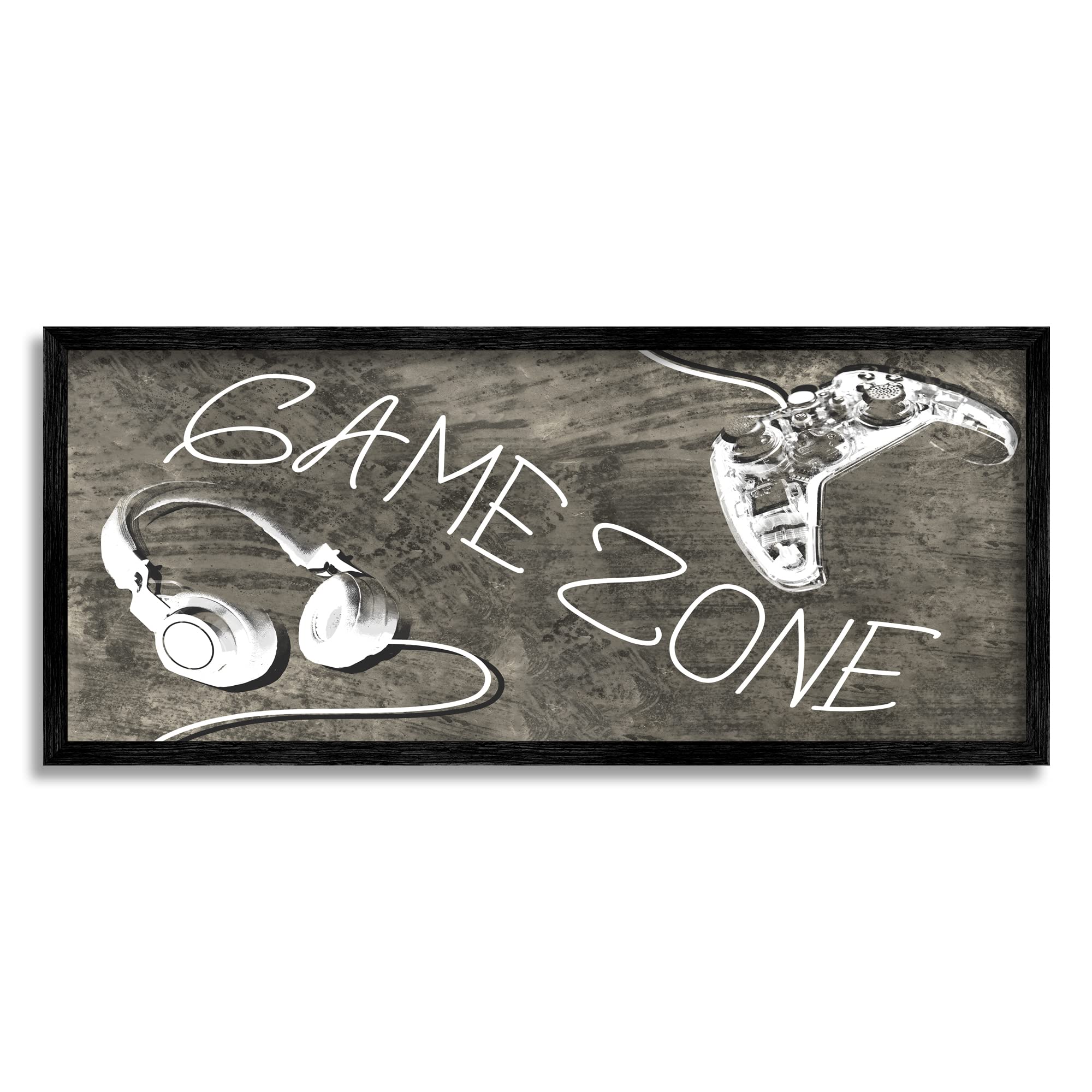 Stupell Industries Music Headset & Video Game Controller Framed Wall Art - 30 x 13 Inches, Black & White Design by Daphne Polselli - Perfect for Gamer Rooms, Music Studios & Modern Home Decor