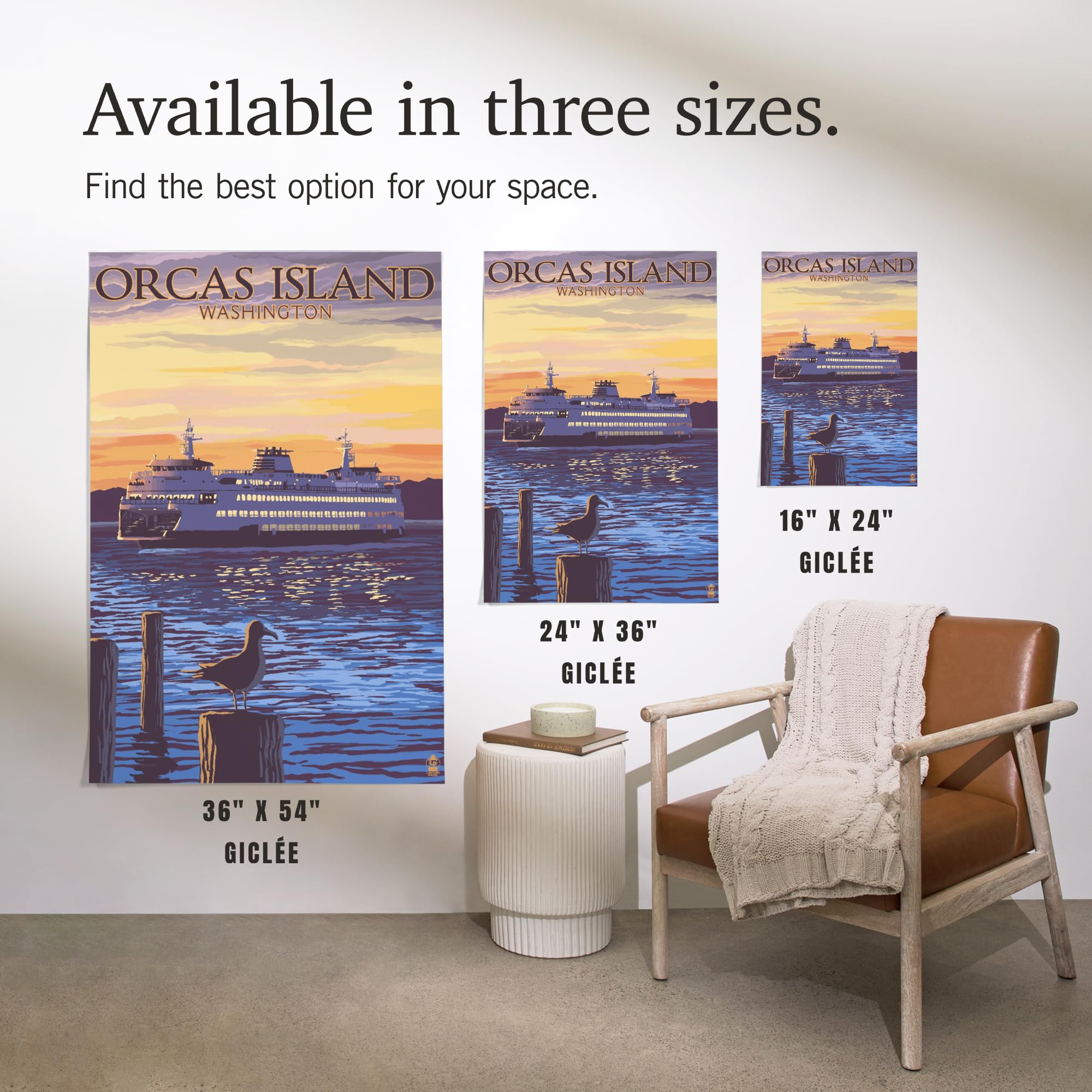 Lantern Press 16x24 Inch Giclee Art Print - Orcas Island Washington Sunset with Ferry and Seagull - Wall Decor for Living Room, Bedroom or Office