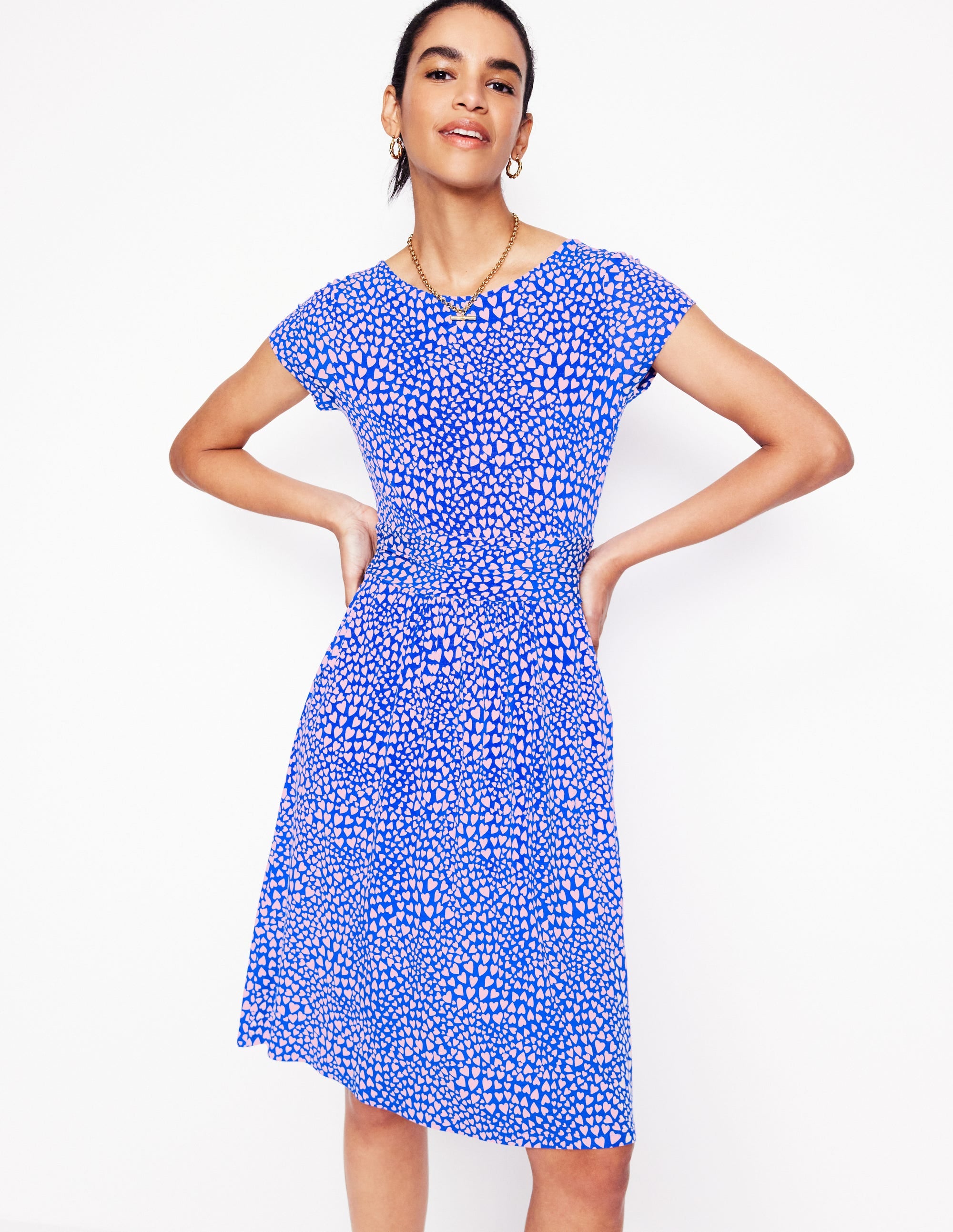 Amelie Jersey Dress in Gallery Blue with Heart Cluster Design - Perfect for Casual Outings, Date Nights, and Summer Vacations