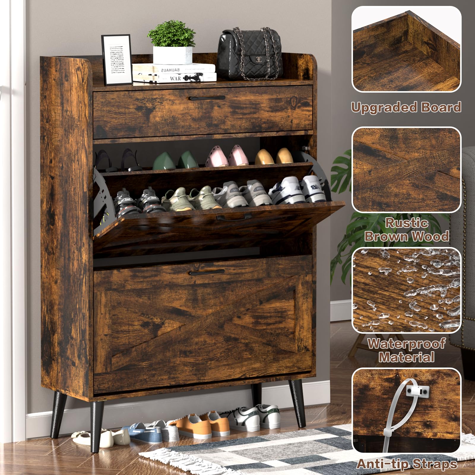 EasyCom 12-Pair Shoe Storage Cabinet with 2 Flip Drawers & Top Compartment - Freestanding Entryway Shoe Organizer with Metal Legs, Rustic Brown - Perfect for Small Spaces, Closet Organization & Entryway Storage