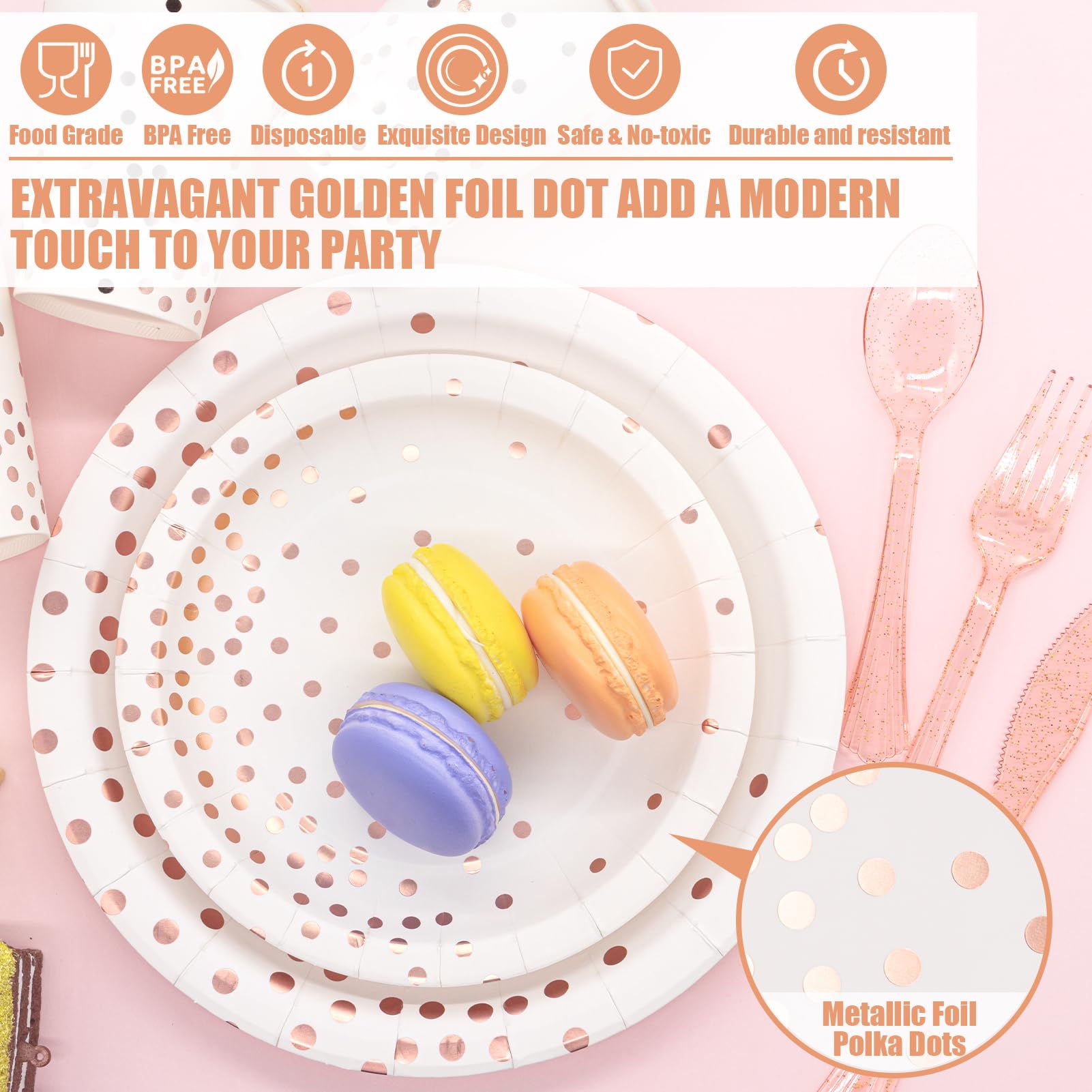 350-Piece White & Rose Gold Disposable Dinnerware Set - Elegant Paper Plates, Napkins, Cups & Plastic Cutlery for Women's Birthday, Graduation, Bridal Shower, Engagement & Wedding Parties | Perfect for Elegant Celebrations and Special Occasions
