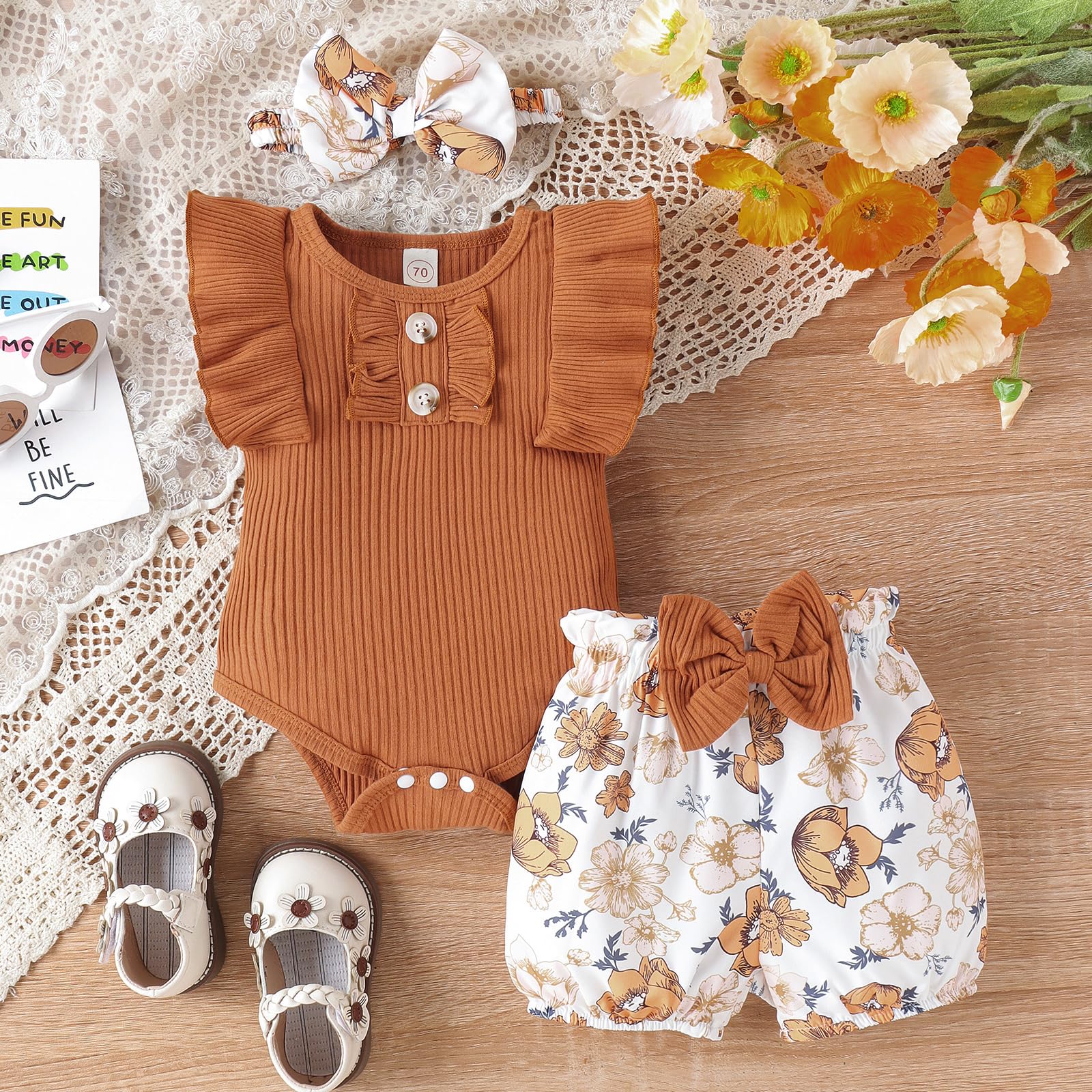 Adorable Newborn Baby Girl Clothes Set - Ruffle Romper, Shorts & Headband | Soft Cotton Infant Bodysuit Outfits for Photoshoots, Parties & Daily Wear