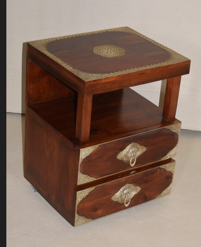 Handcrafted Embossed Brass Wooden Bedside Table with 2 Drawers - Vintage Indian Furniture for Bedroom Decor & Storage | Perfect for Master Bedroom, Guest Room, or Studio Apartment