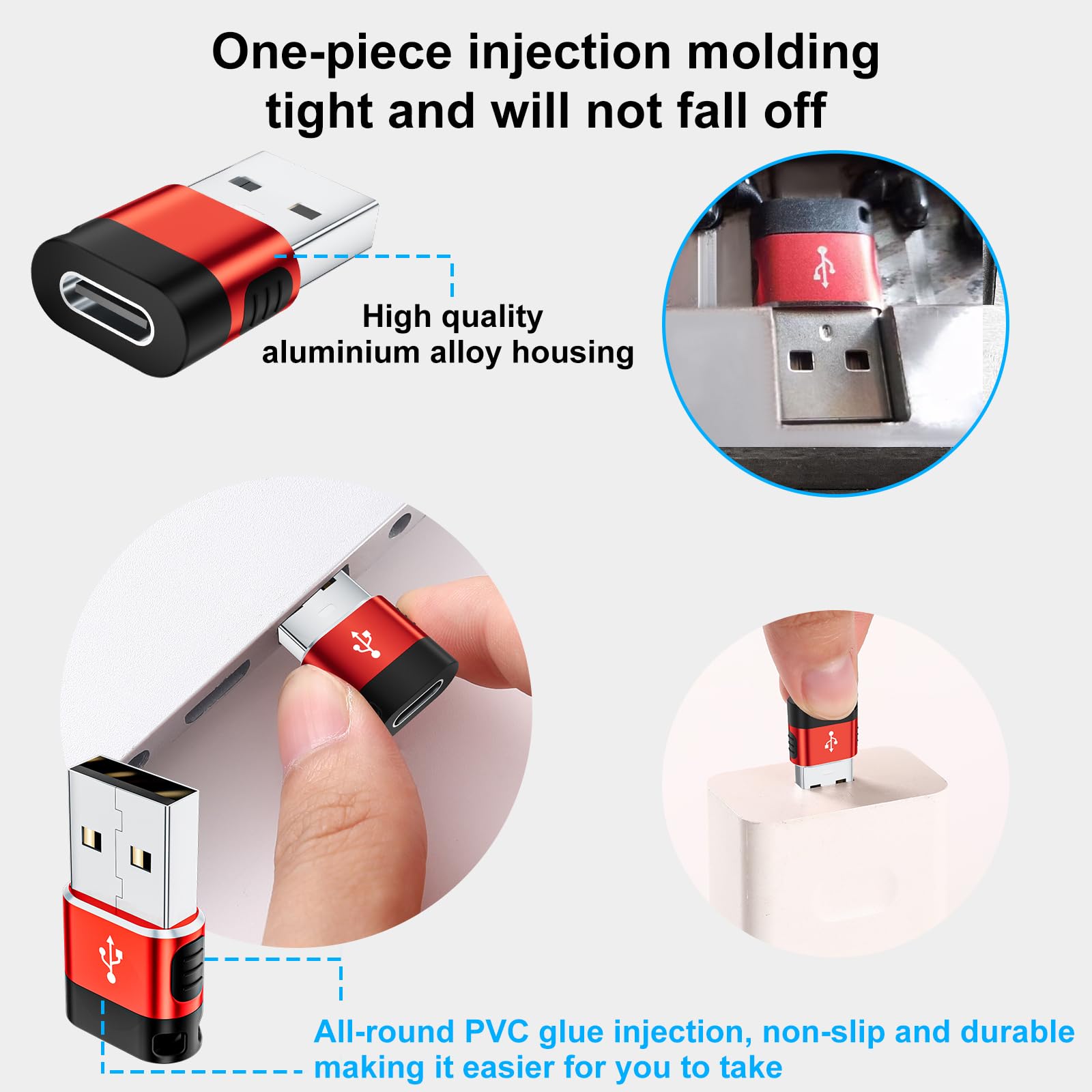 6-Pack USB A to USB C Adapter - USB 3.0 to Type C Converter for iPhone 16/15, iPad, AirPods, MacBook, Laptop & Charger - OTG Compatible (Red) - Perfect for Travel, Office & Home Charging