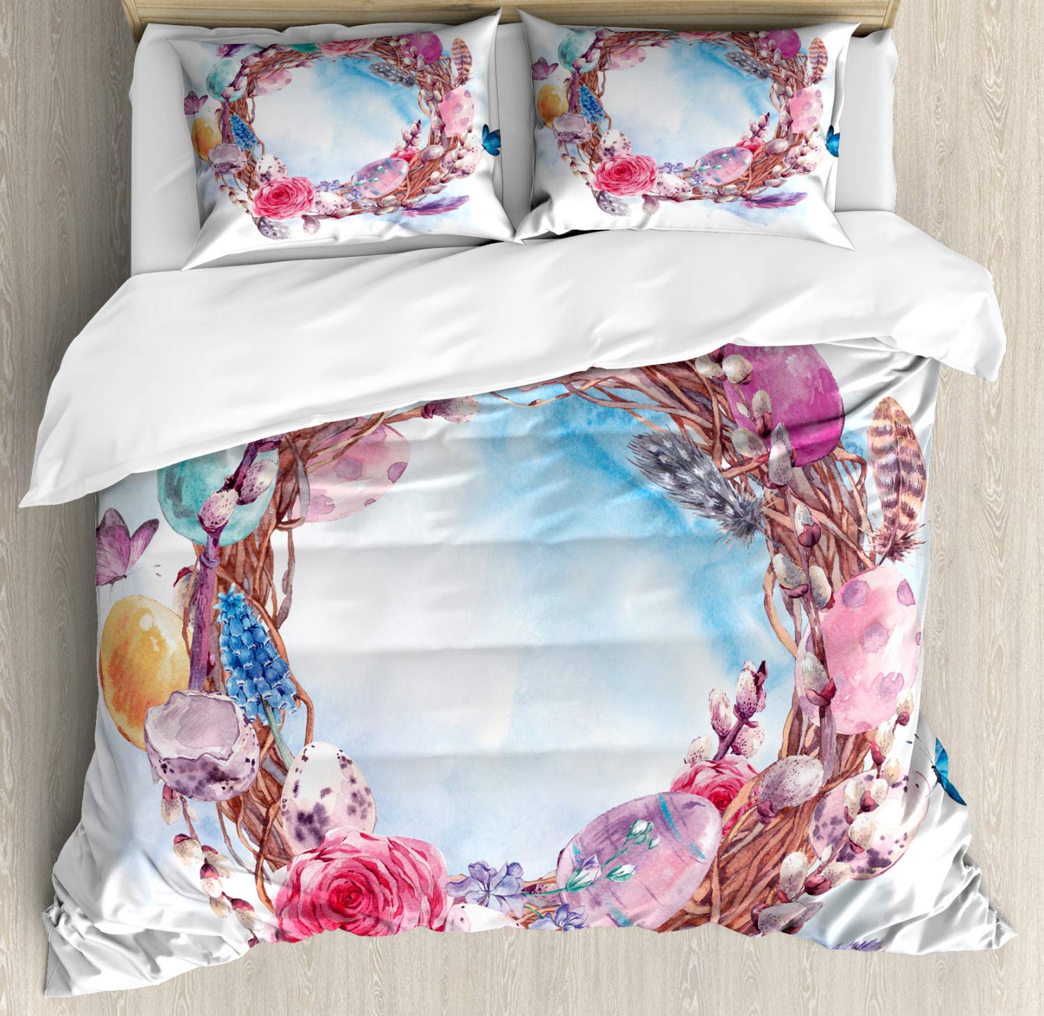 Ambesonne Floral Wreath Duvet Cover Set King Size - Watercolor Spring Design with Branches, Butterflies & Feathers - 3 Piece Bedding Set with 2 Pillow Shams - Perfect for Master Bedroom, Guest Room & Spring Home Decor