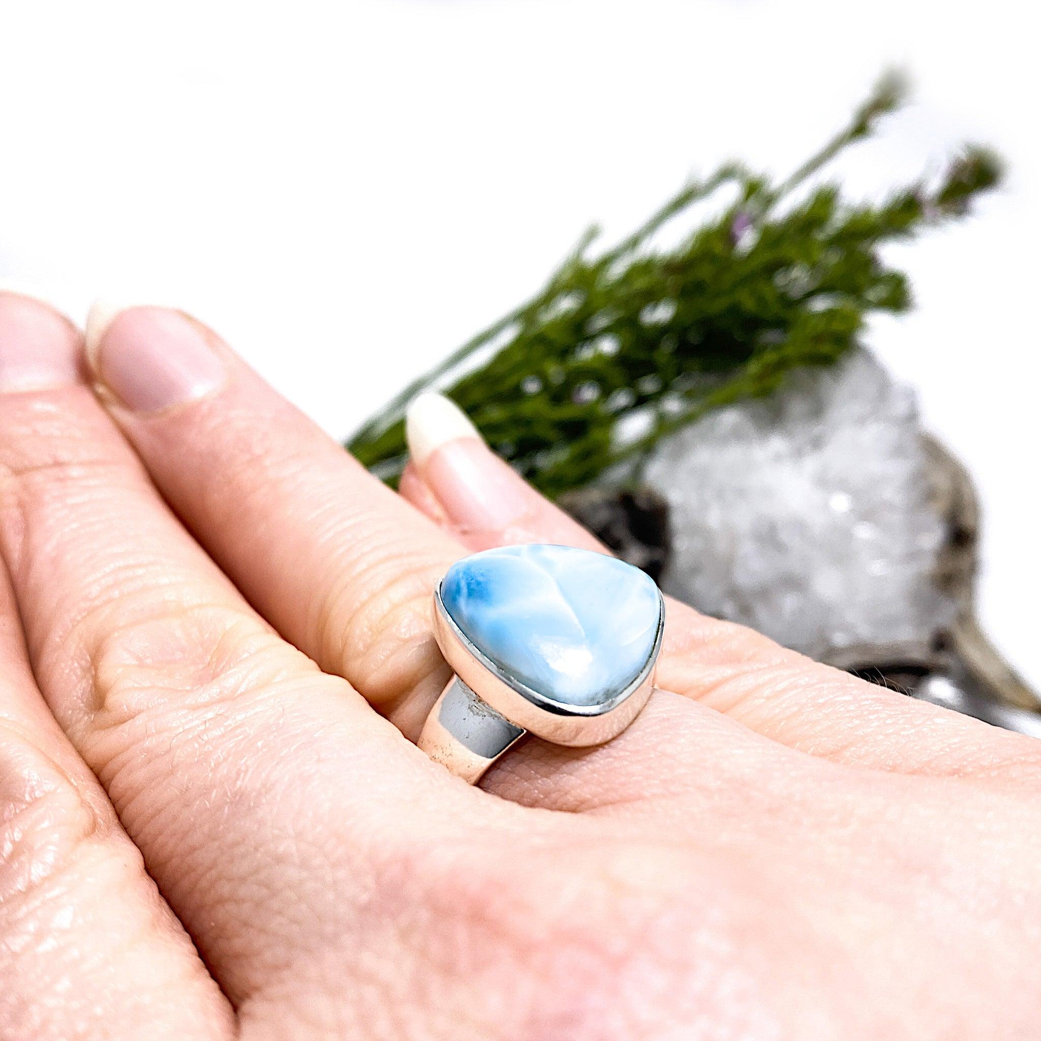 Larimar Sterling Silver Cabochon Ring Size 9 - Handmade Gemstone Jewelry for Women, Perfect for Gifts, Weddings & Everyday Wear KRGJ1396