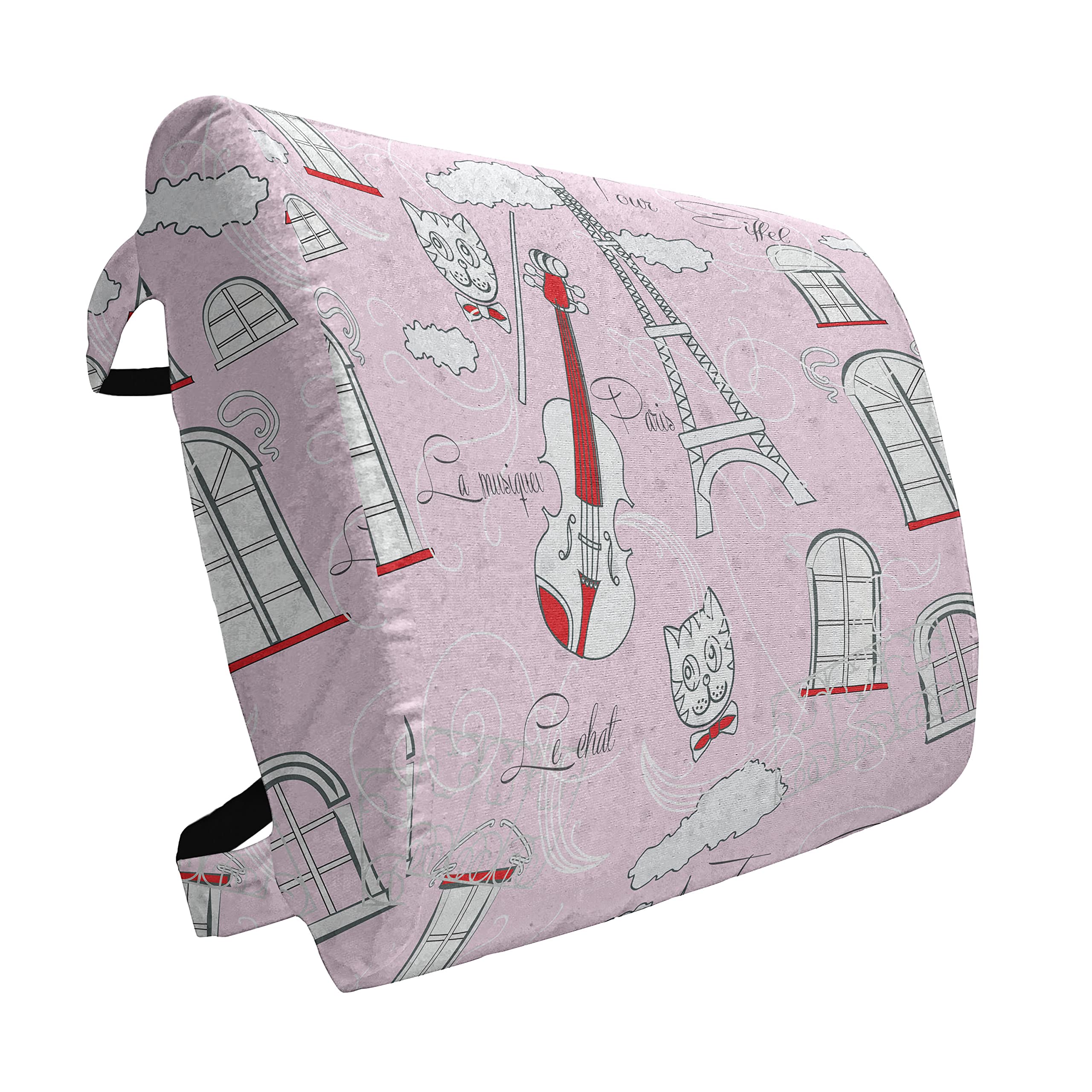 Ambesonne Paris Lumbar Support Pillow - Abstract Cityscape with Violin Cat & Eiffel Tower Design | High Density Foam for Office Chair & Car Seat | 14x13 Inches in Pale Pink Scarlet White | Perfect for Back Pain Relief & Comfort While Working or Traveling