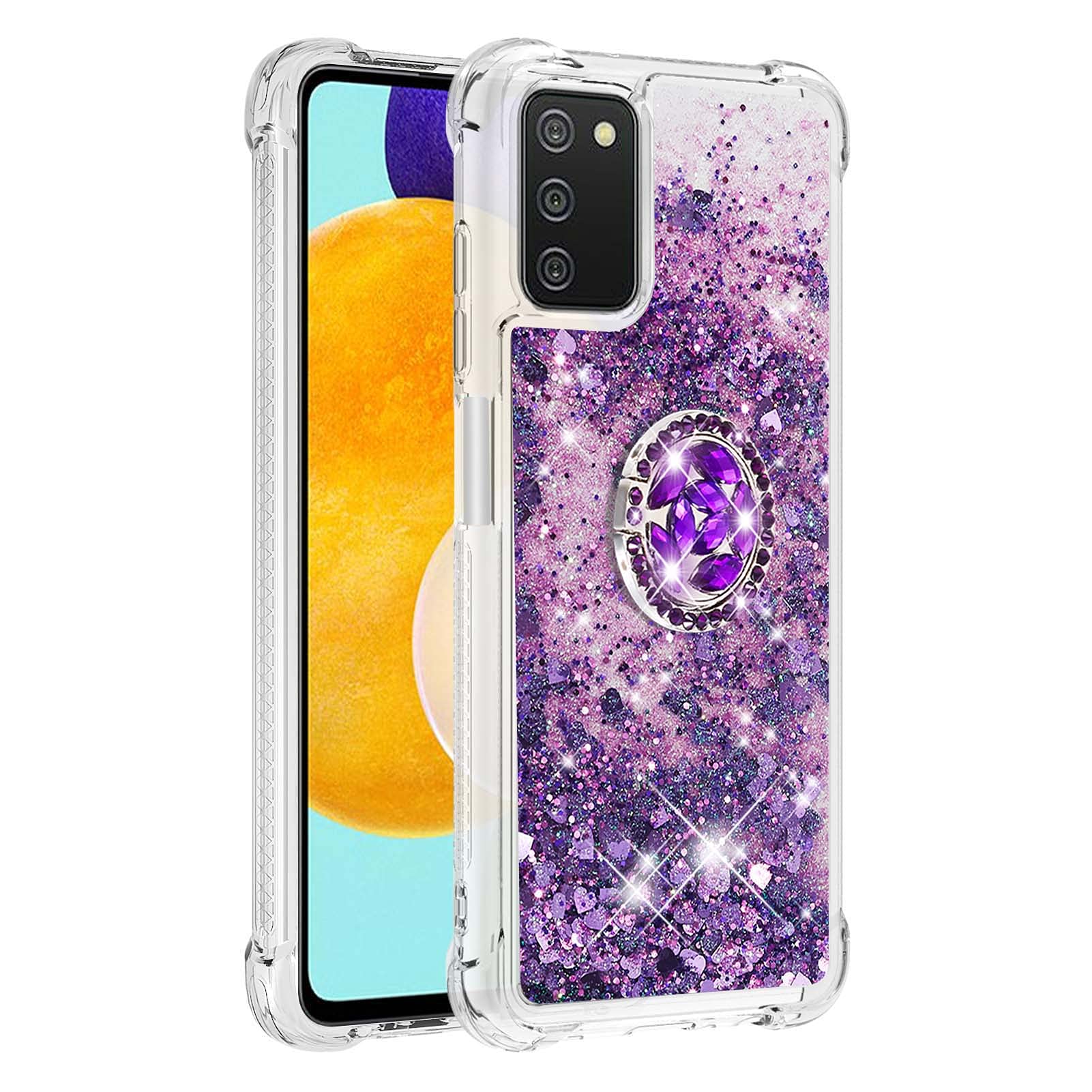 Shockproof Glitter TPU Phone Case with Rhinestone Ring Kickstand for Samsung Galaxy A03S - Slim Fit Liquid Quicksand Waterfall Design, Purple | Perfect for Daily Protection & Hands-Free Viewing