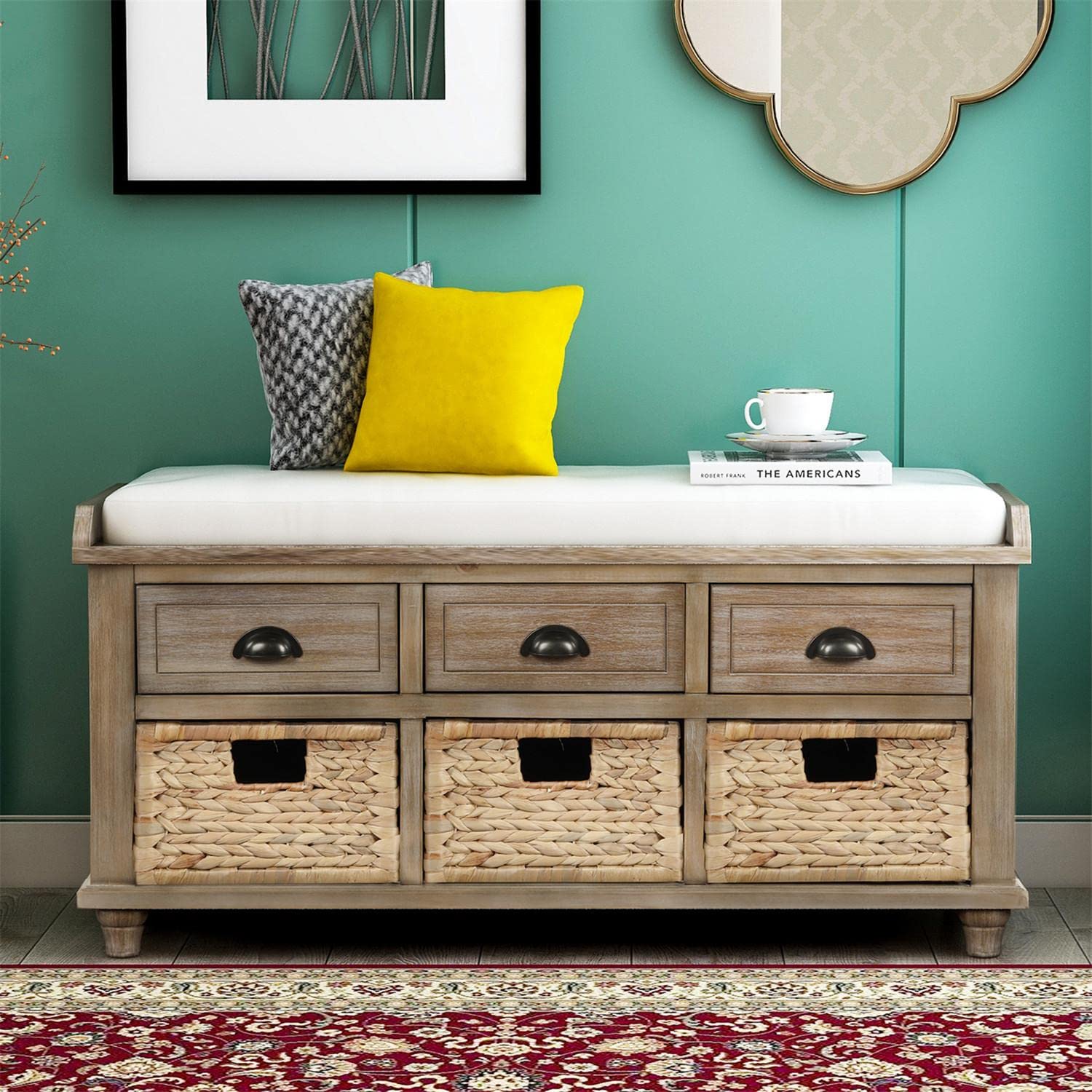 Rustic Storage Bench with Rattan Baskets & Cushion - Wooden Entryway Shoe Bench, Footrest Ottoman for Living Room, Bedroom, and Hallway Organization