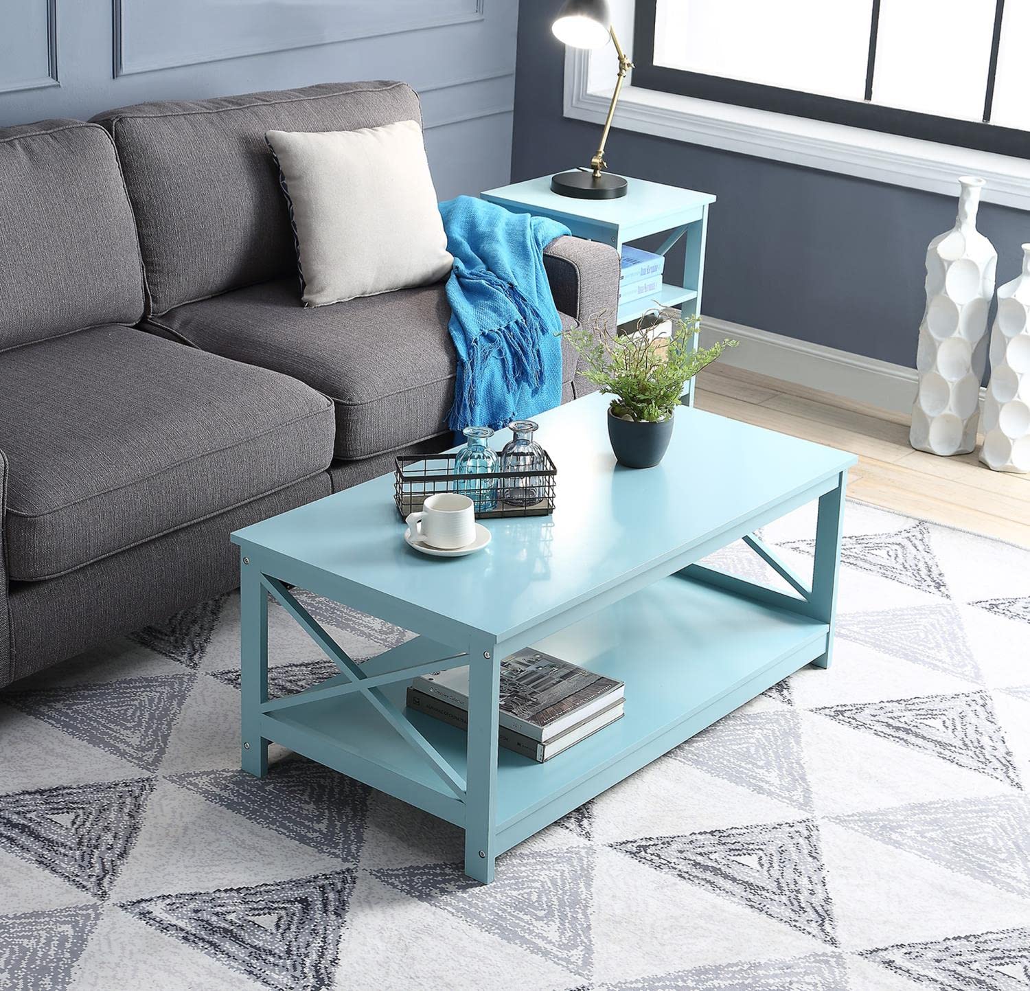 Oxford Coffee Table with Shelf - Modern Sea Foam Blue End Table for Living Room, Bedroom & Office - Sturdy Side Table with Storage Space for Books, Decor & Essentials