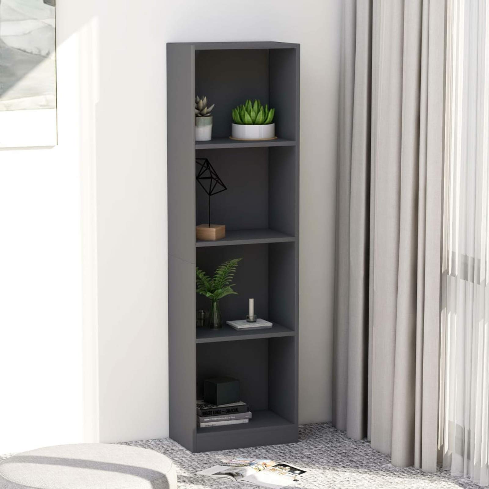 4-Tier Bookcase with Doors - Gray Display Cabinet & Bookshelf for Bedroom, Office, Living Room - 15.7