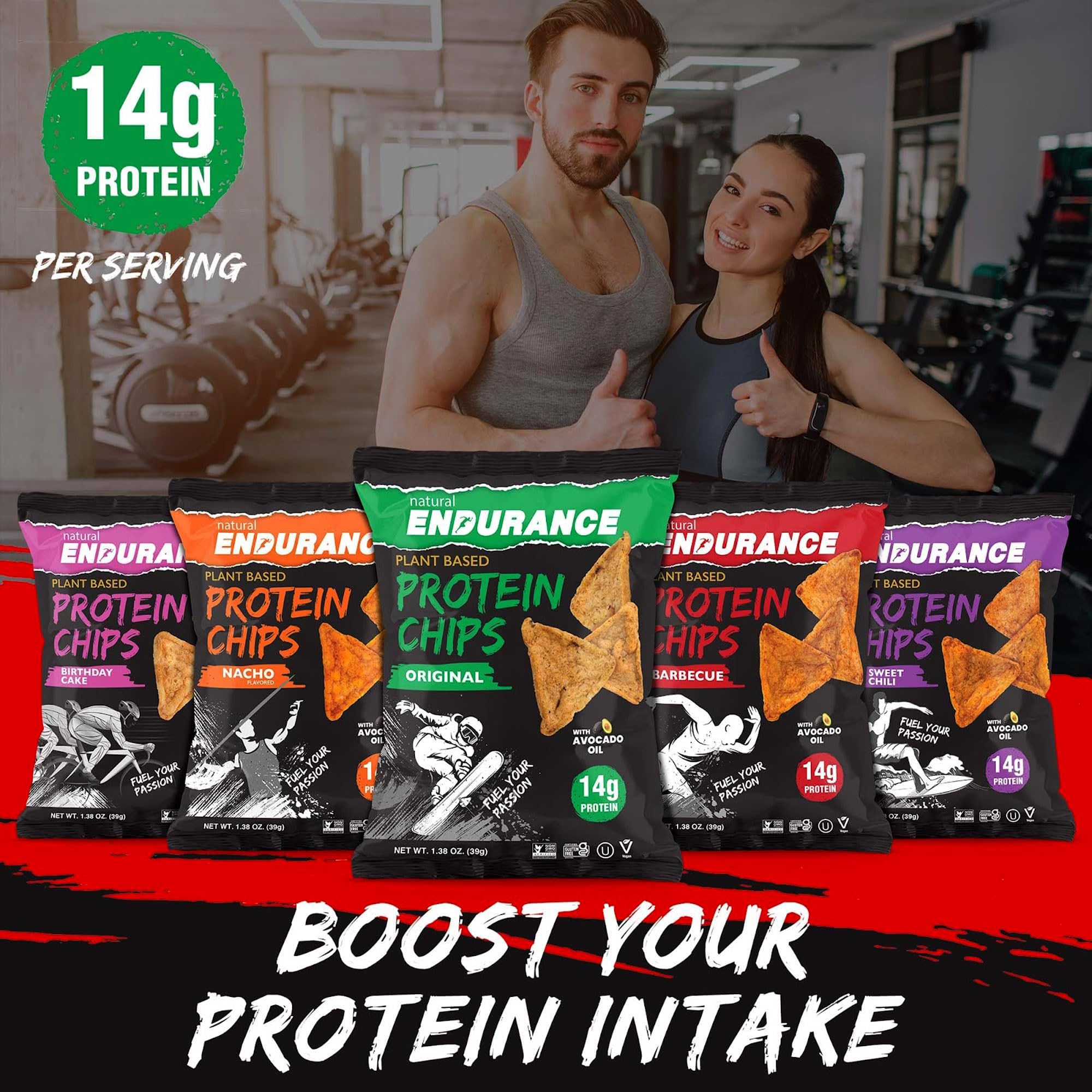 Natural Endurance Protein Chips - Low Carb High Protein Vegan Snacks with Avocado Oil, 14g Protein Per Bag, Gluten Free, Nacho BBQ Chili Birthday Cake Original Flavors - Variety Pack (12 x 1.38oz) for Gym, Hiking, Keto Diet & Healthy On-the-Go Snacking