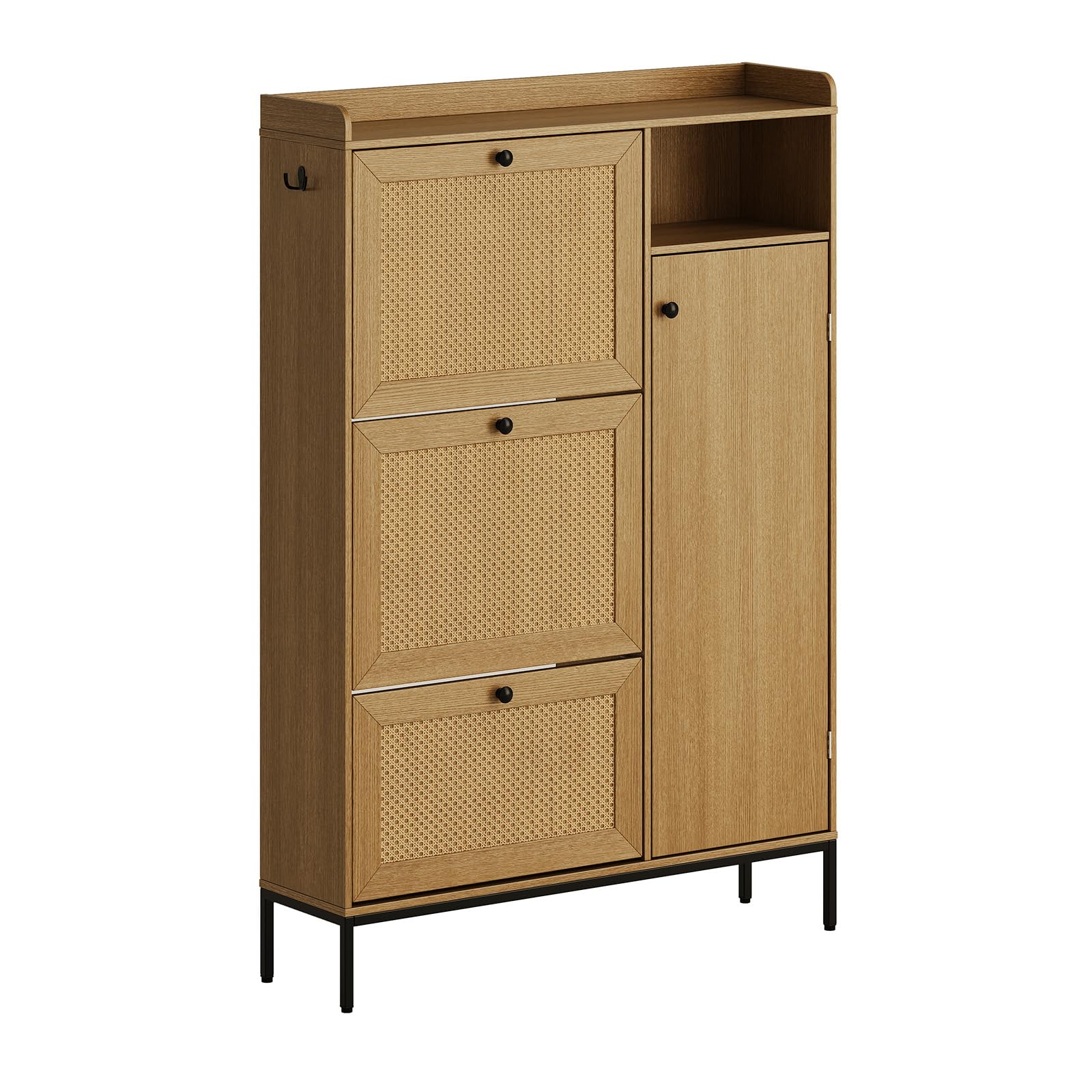 GAOMON Shoe Storage Cabinet with 3 Flip Drawers - Adjustable Rattan Wooden Shoe Rack Organizer for Entryway, Hallway & Living Room - Free Standing Shoe Cabinet for Home Organization & Space Saving
