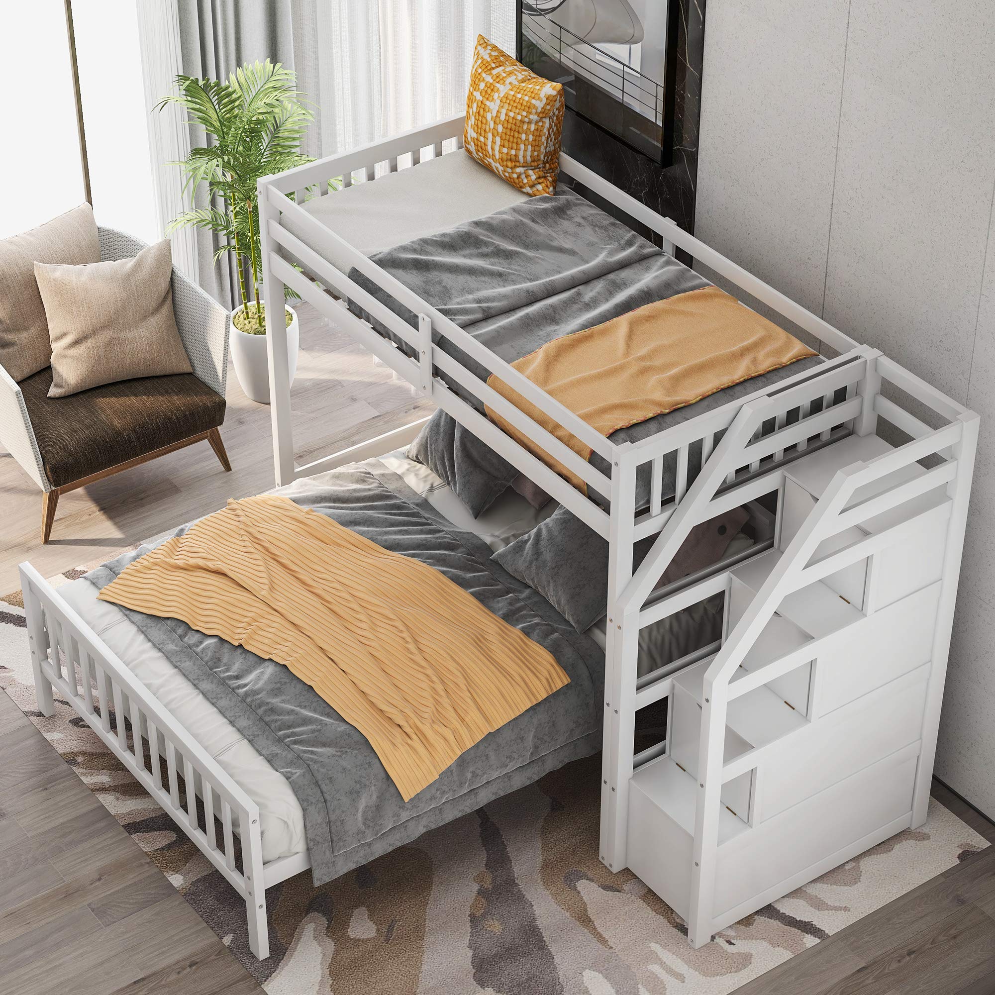 LZ LEISURE ZONE Twin Over Full Loft Bed with Storage - Solid Wood Bunk Bed Frame, No Box Spring Needed (White) - Perfect for Kids' Bedrooms, Guest Rooms & Small Spaces