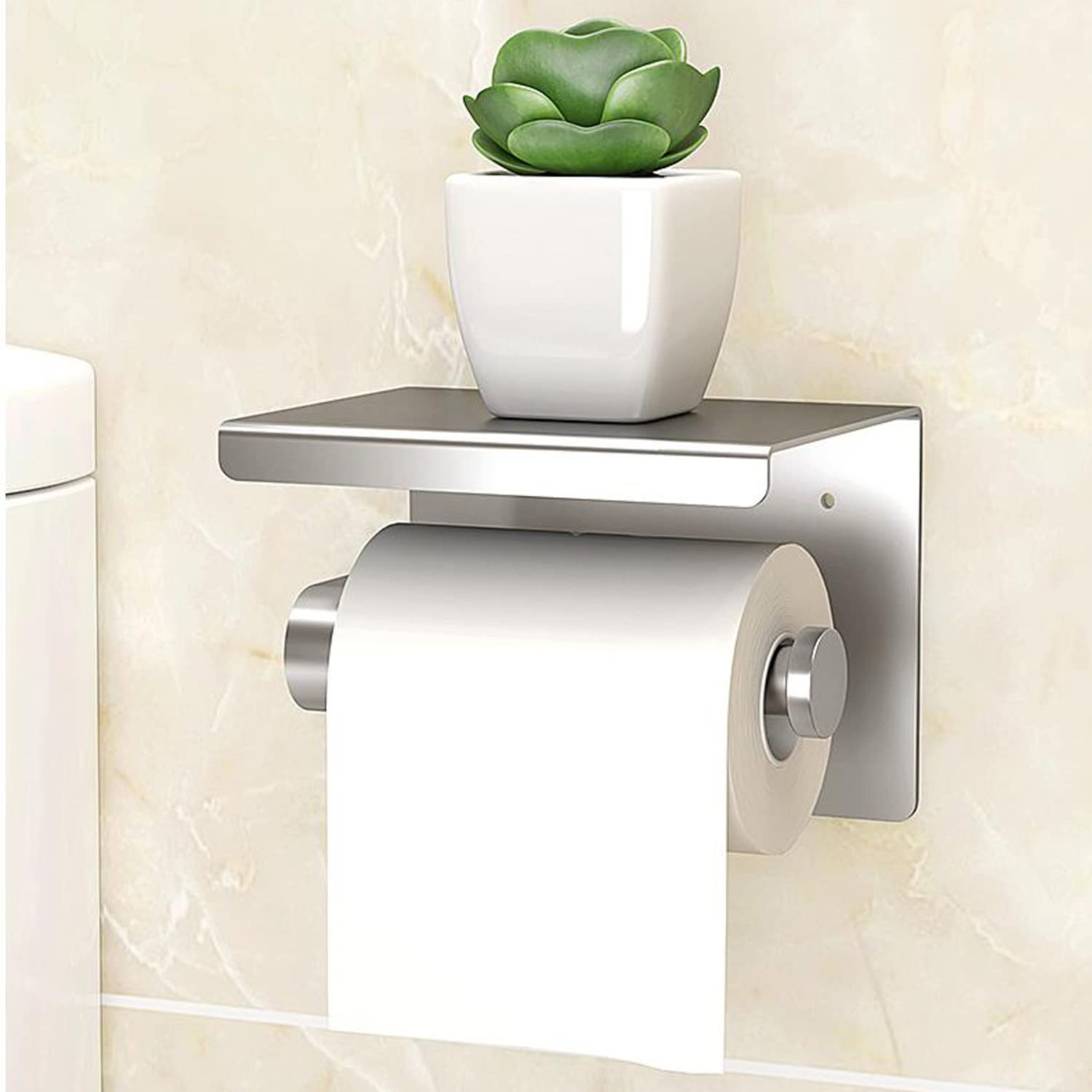 Stainless Steel Wall Mounted Toilet Paper Holder with Phone Shelf - Adhesive or Screw Installation for Bathroom, Kitchen, RV - Space Saving Organizer for Tissues & Smartphones