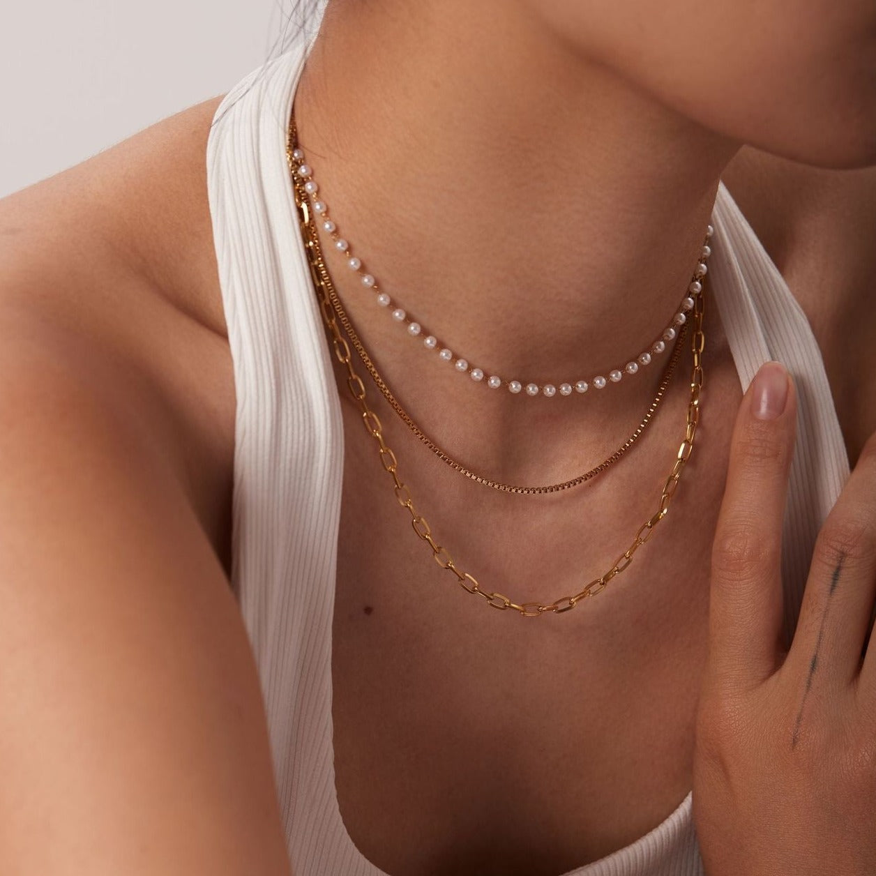 18K Gold Multi Layer Box Chain Necklace with Pearl Beads - Elegant Layered Jewelry for Women | Perfect for Weddings, Parties & Special Occasions | JDN20667