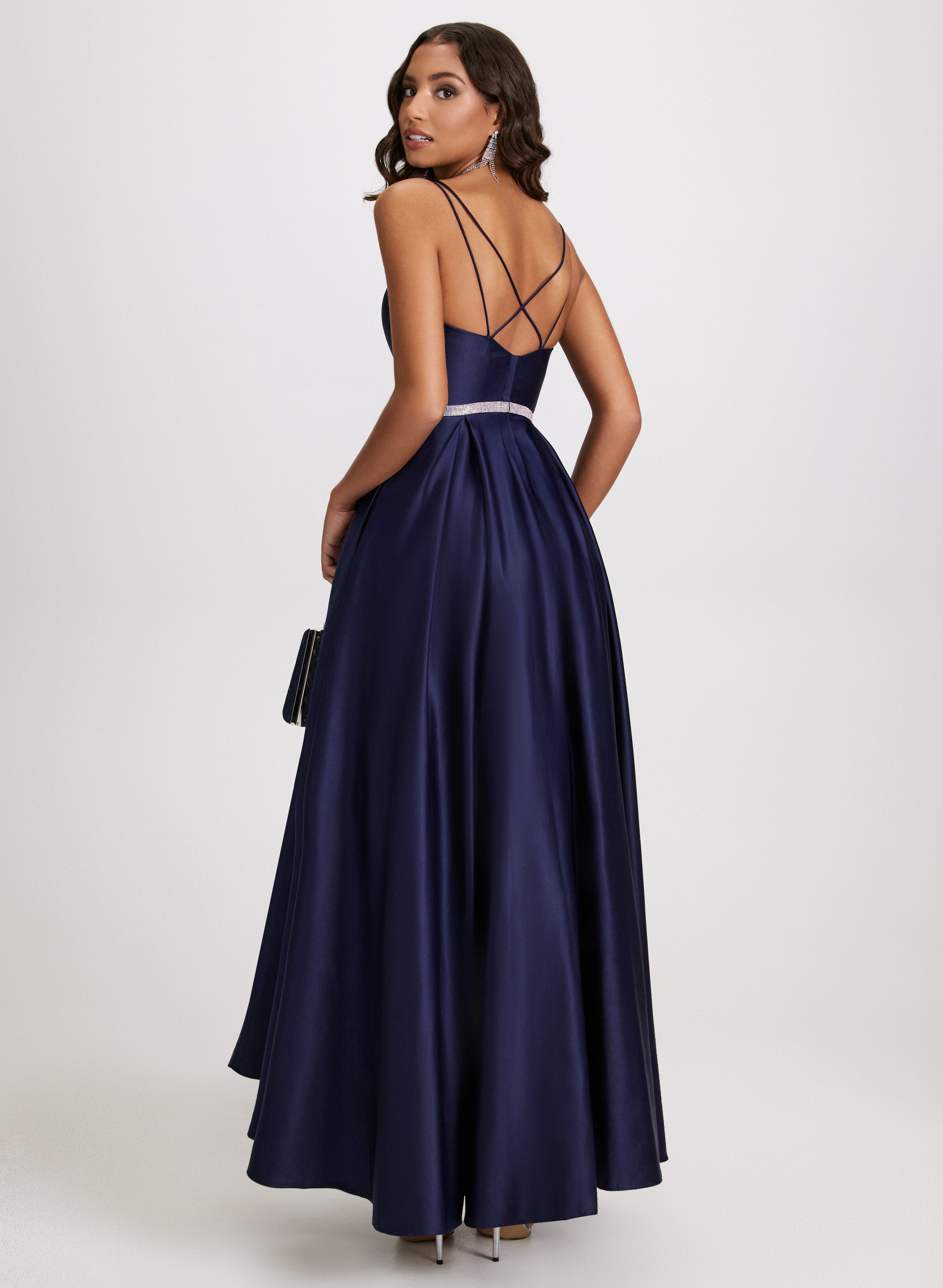 Elegant Crystal Embellished Satin Evening Gown for Women - Perfect for Prom, Wedding & Formal Events