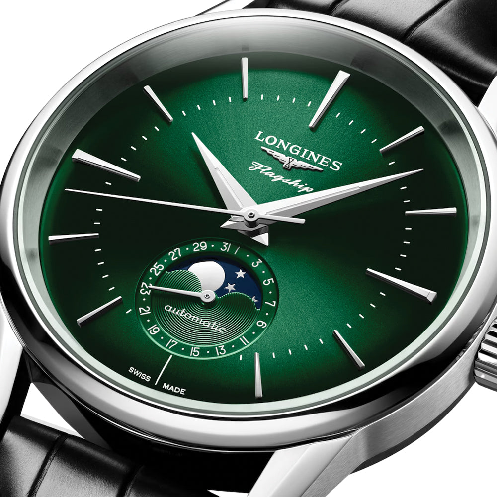 Flagship Heritage Moonphase 38.5mm Automatic Watch - Sunray Green Dial, Stainless Steel Case | Perfect for Business, Formal Events & Luxury Gift Giving