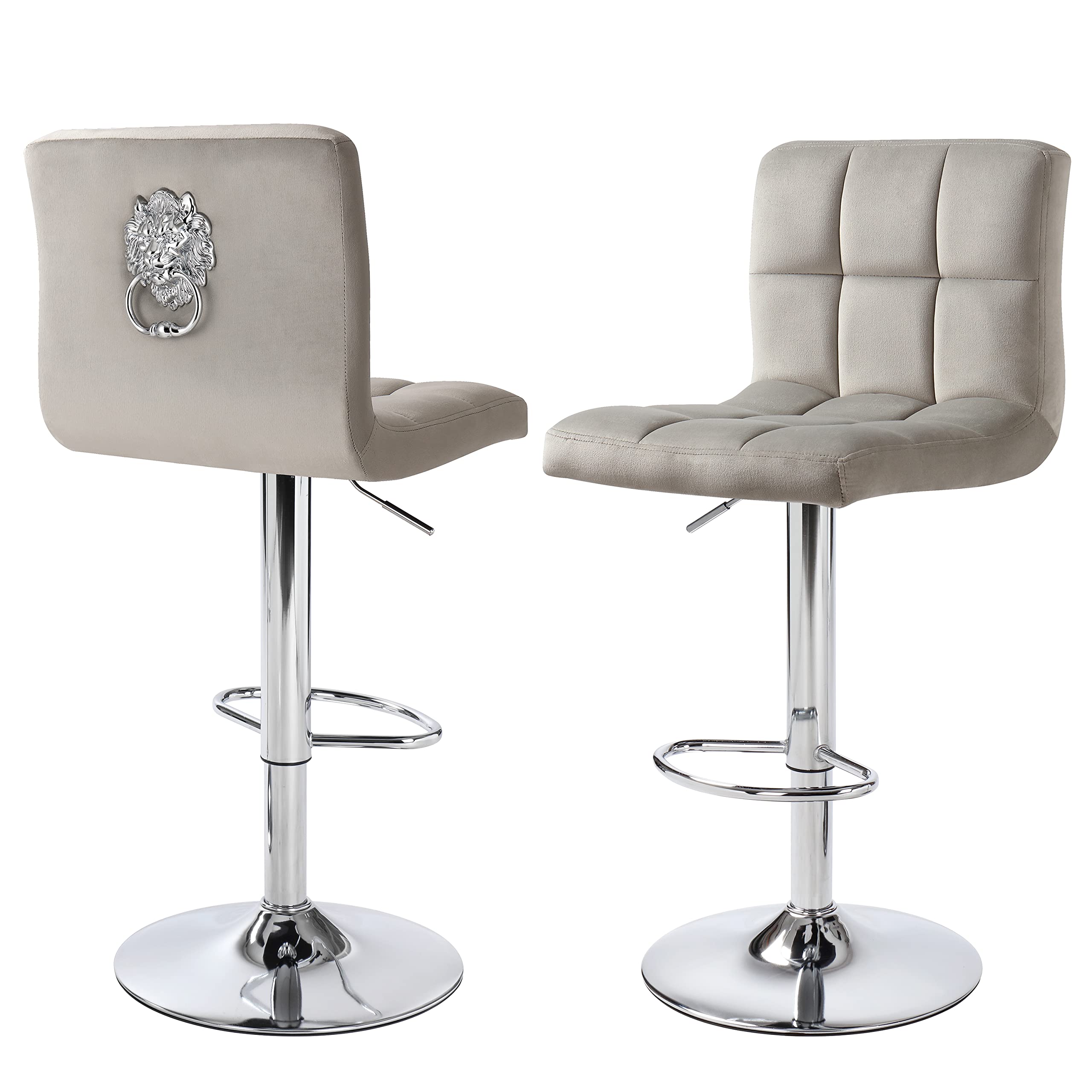 Finnhomy 2-Pack Swivel Bar Stools with Footrest - Adjustable Height Counter Stools, L-Shaped Thick Cushion & Back Handle, Velvet Upholstery in Light Grey - Perfect for Kitchen Islands, Breakfast Bars & Home Decor