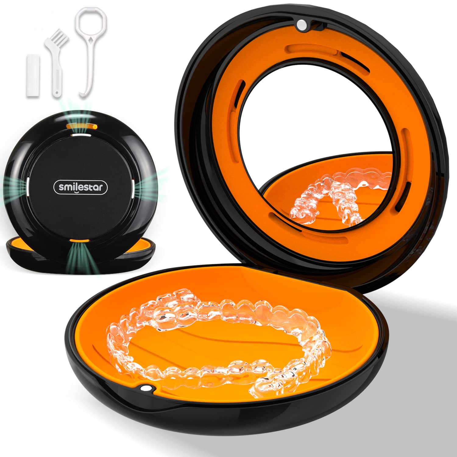 Premium Slim Retainer Case with Adjustable Vent Holes & Mirror - Compatible with Invisalign, Night Guards, Mouth Guards - Includes Aligner Remover Tool & Chew/Brush Accessories (Black) - Perfect for Travel, Gym & Daily Dental Care