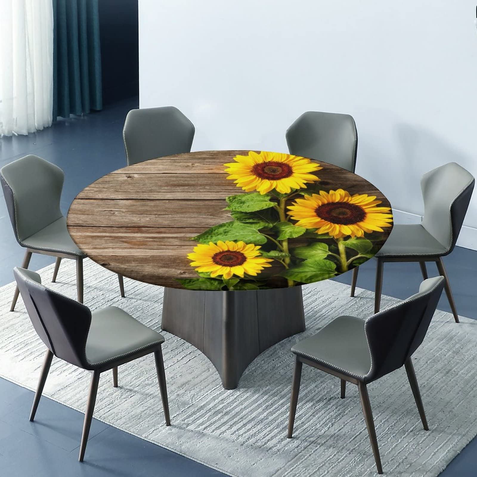 Waterproof Sunflower Elastic Edge Round Tablecloth - Washable & Wipeable Fabric Table Cover for 52 Inch Dining Table, Picnic & Outdoor Use - Brown Yellow Floral Design