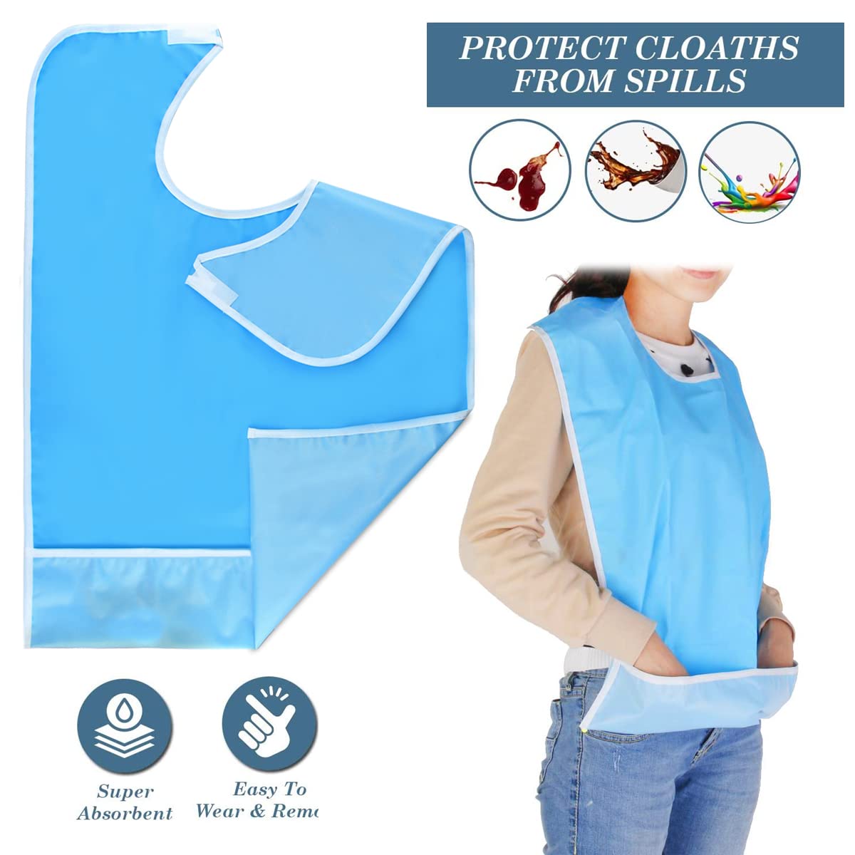 Premium Reusable Adult Bibs - 2 Pack Waterproof PVC Cloth Dining Aprons (17.7