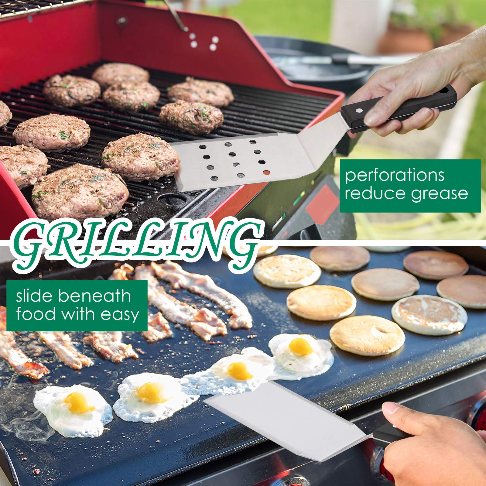 Premium Stainless Steel Spatula Set - 2 Pack Heavy Duty Metal Griddle Spatulas with Riveted Handle for BBQ, Teppanyaki, Flat Top Grill, Hibachi & Cast Iron Cooking - Dishwasher Safe - Perfect for Grilling Burgers, Pancakes & Stir-Fry