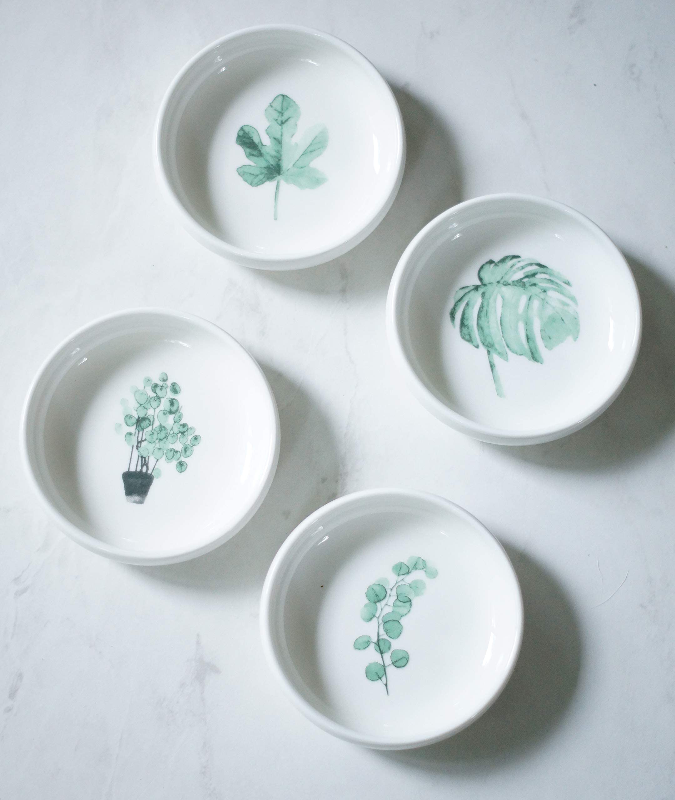 4-Piece Ceramic Ring Dish Set with Decorative Plant Design - Stackable Jewelry Holder for Rings, Trinkets & Small Accessories - Perfect for Bathroom Vanity, Bedroom Dresser, or Gift Giving - Cedar and Ink
